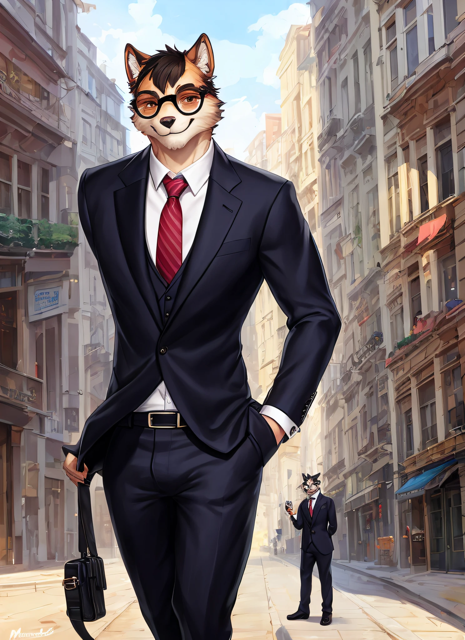 uploaded on e621, by personalami, Michael & Inessa Garmash, Ruan Jia, Pino Daeni, (solo_focus), (male) (furry) anthro, ((upper body)), on street, solo focus, detailed face, detailed eyes, detailed fluffy fur, fluffy tail, short hair, digitigrade, seductive pose, suit, fancy pants, digital painting, natural lighting, photorealistic (business suit) (smug face) smiling (cocky), eyewear, steampunk, ((furry hands))