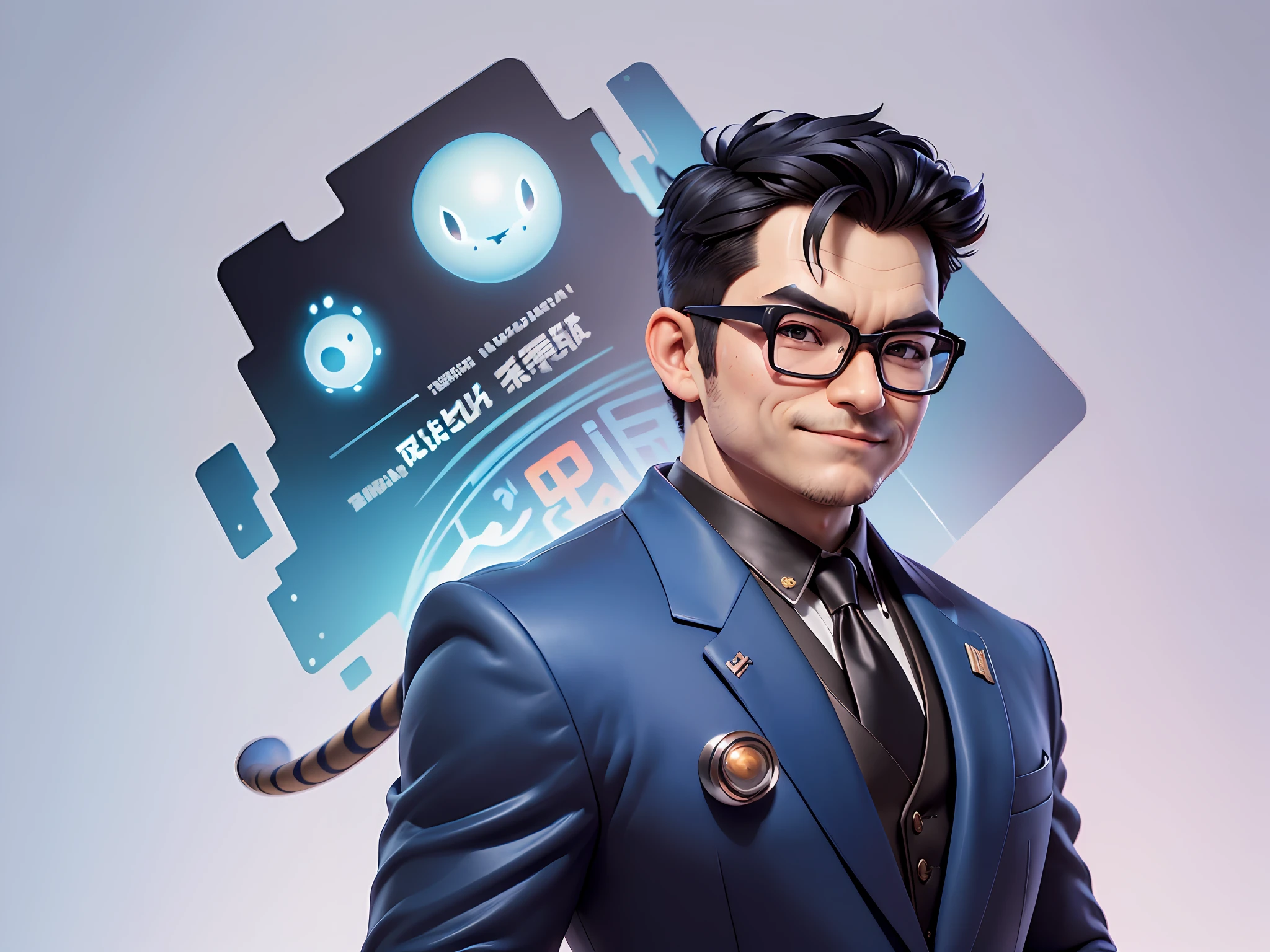 (((Masterpiece), (Excellent), (Super Meticulous), (Full Body: 1.2), Super Young Man, Oriental Face, Japanese Wind and Thunder God, Dragon, Tiger, TV Anchor, Bust Portrait Illustration, Alone, Black Formal Suit, Blue Tie, Slightly Chubby Face, Silver Glasses Face Very Clean No Beard, Black Super Short Hair, Black Eyes, Confident Smile, 3c Computer Sub-Products, iPad, iPhone, Digital Painting, 3D Character Design by Akira Toriyama and Mark Claireden and Pixar and Hayao Miyazaki, The illustration is a high-definition illustration in 4K resolution with very detailed facial features and cartoon-style visuals.