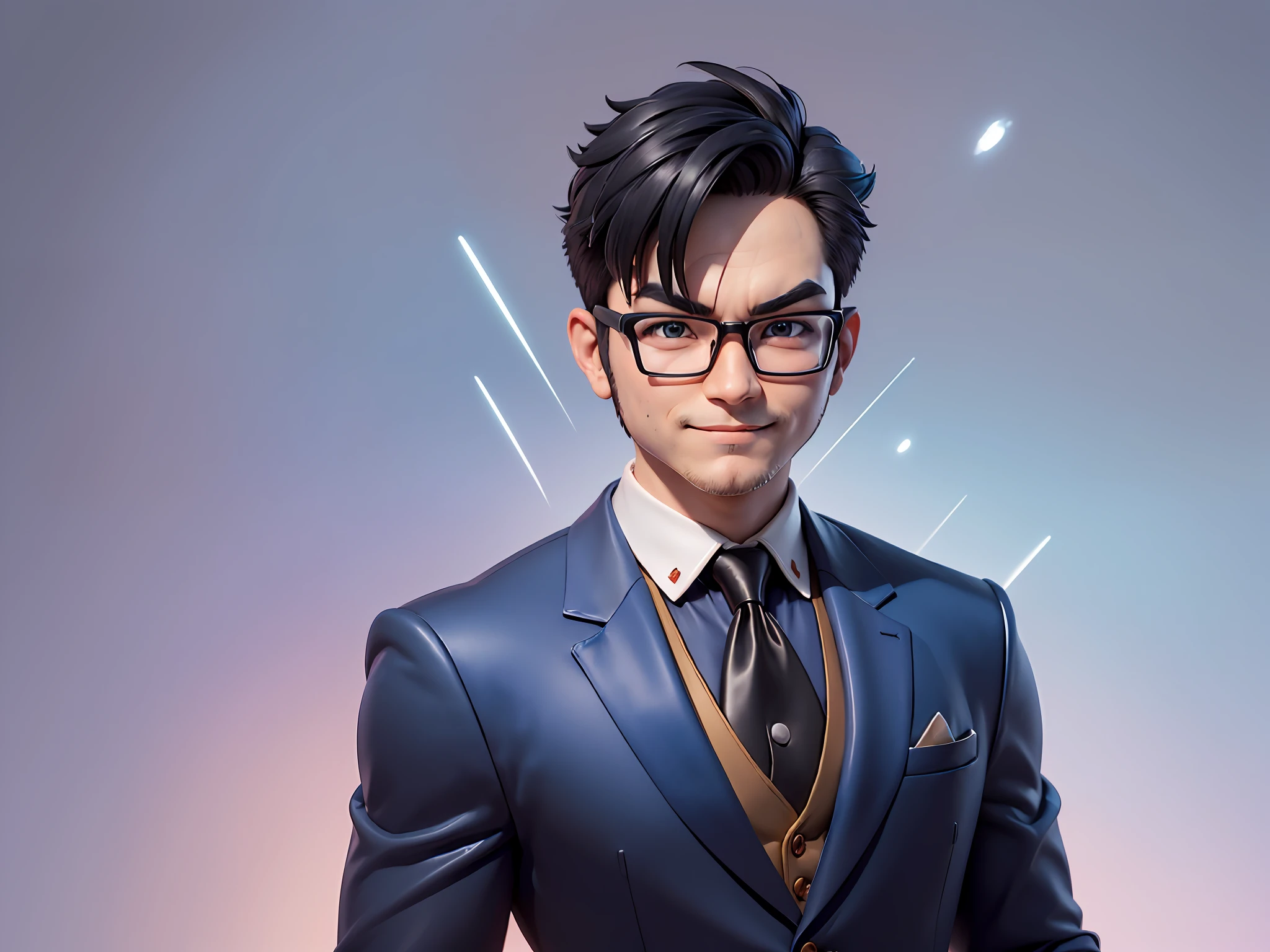 (((Masterpiece), (Excellent), (Super Meticulous), (Full Body: 1.2), Super Young Man, Oriental Face, Japanese Wind and Thunder God, Dragon, Tiger, TV Anchor, Bust Portrait Illustration, Alone, Black Formal Suit, Blue Tie, Slightly Chubby Face, Silver Glasses Face Very Clean No Beard, Black Super Short Hair, Black Eyes, Confident Smile, 3c Computer Sub-Products, iPad, iPhone, Digital Painting, 3D Character Design by Akira Toriyama and Mark Claireden and Pixar and Hayao Miyazaki, The illustration is a high-definition illustration in 4K resolution with very detailed facial features and cartoon-style visuals.