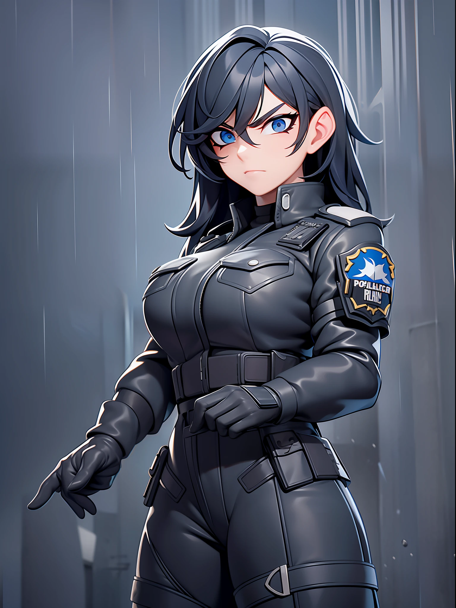 A strong and determined police woman, with tired eyes expressing resilience in the face of challenges, wearing an imposing black leather outfit that highlights her authoritarian presence. She finds herself in a rainy town, where the drops of water create a soggy and gloomy environment, reflecting the intensity of her mission. With her steady gaze, the policewoman stares at the horizon, ready to face any obstacle. The desired style is an amazing and detailed cartoon, which captures all the energy and action of the moment.