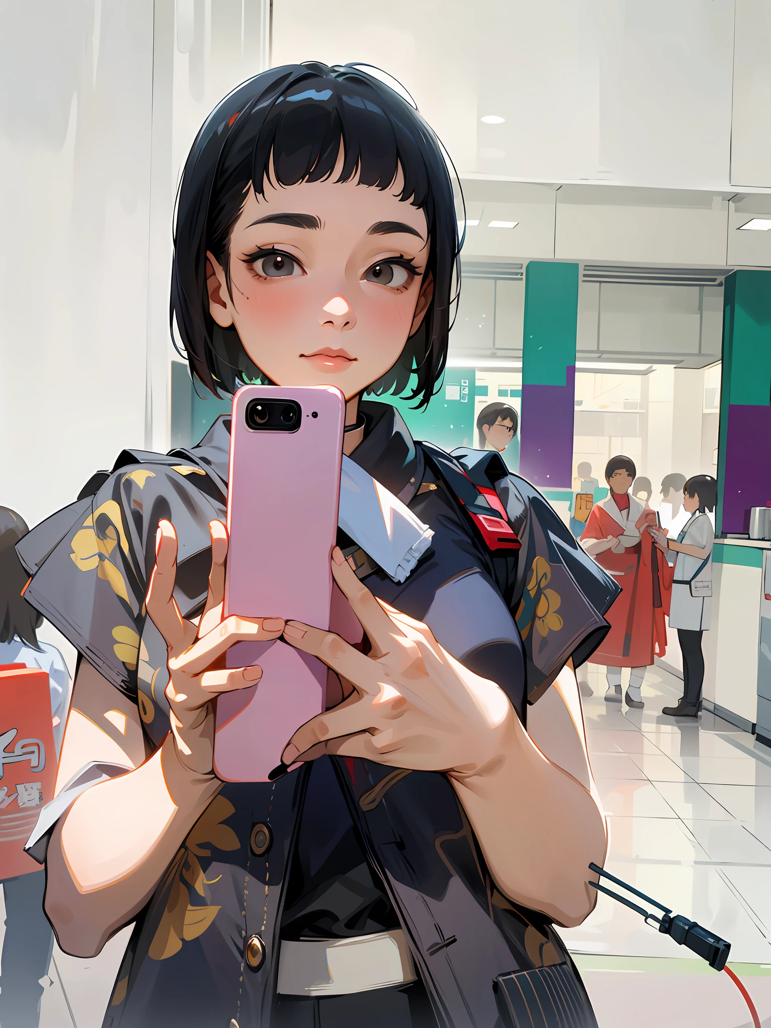 High-definition masterpiece, 8K resolution, selfie photo of a woman holding a smartphone, short hair with bangs, inspired by Cheng Yanjun and Cheng Jiasui, the camera is an iPhone, inspired by Gao Cen