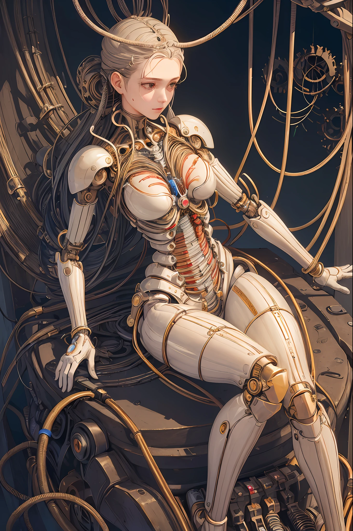 (((masterpiece))), (((best quality))), ((ultra-detailed)), (highly detailed CG illustration), ((an extremely delicate and beautiful)),(cute delicate face),cinematic light,((1mechanical girl)),solo,full body,(machine made joints:1.4),((machanical limbs)),(blood vessels connected to tubes),((mechanical vertebra attaching to back)),((mechanical cervial attaching to neck)),((sitting)),expressionless,(wires and cables attaching to head and body:1.5),(character focus),science fiction