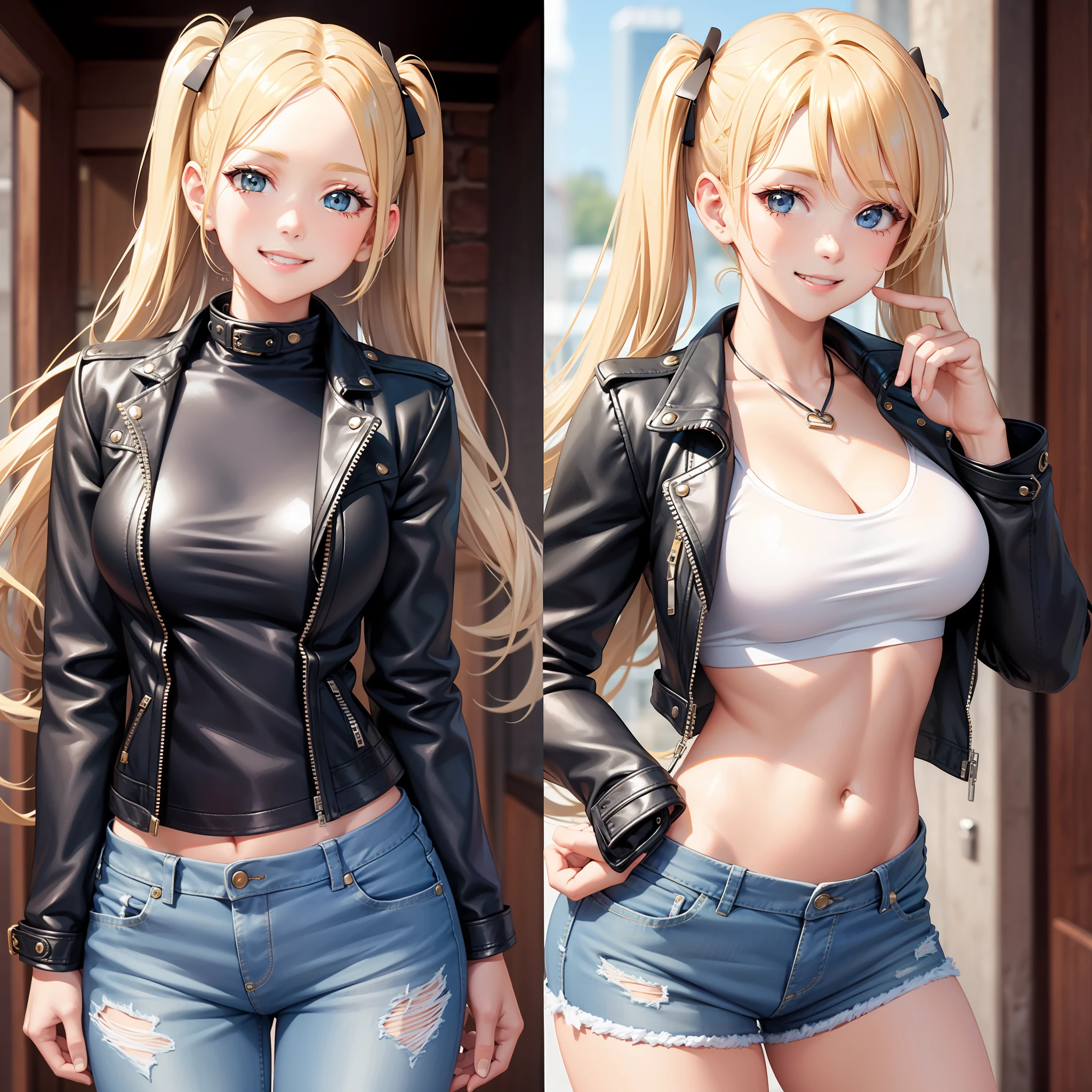 Leather jacket Girl Long Hair Top Quality Smile Blonde Masterpiece Jeans Twin Tails
