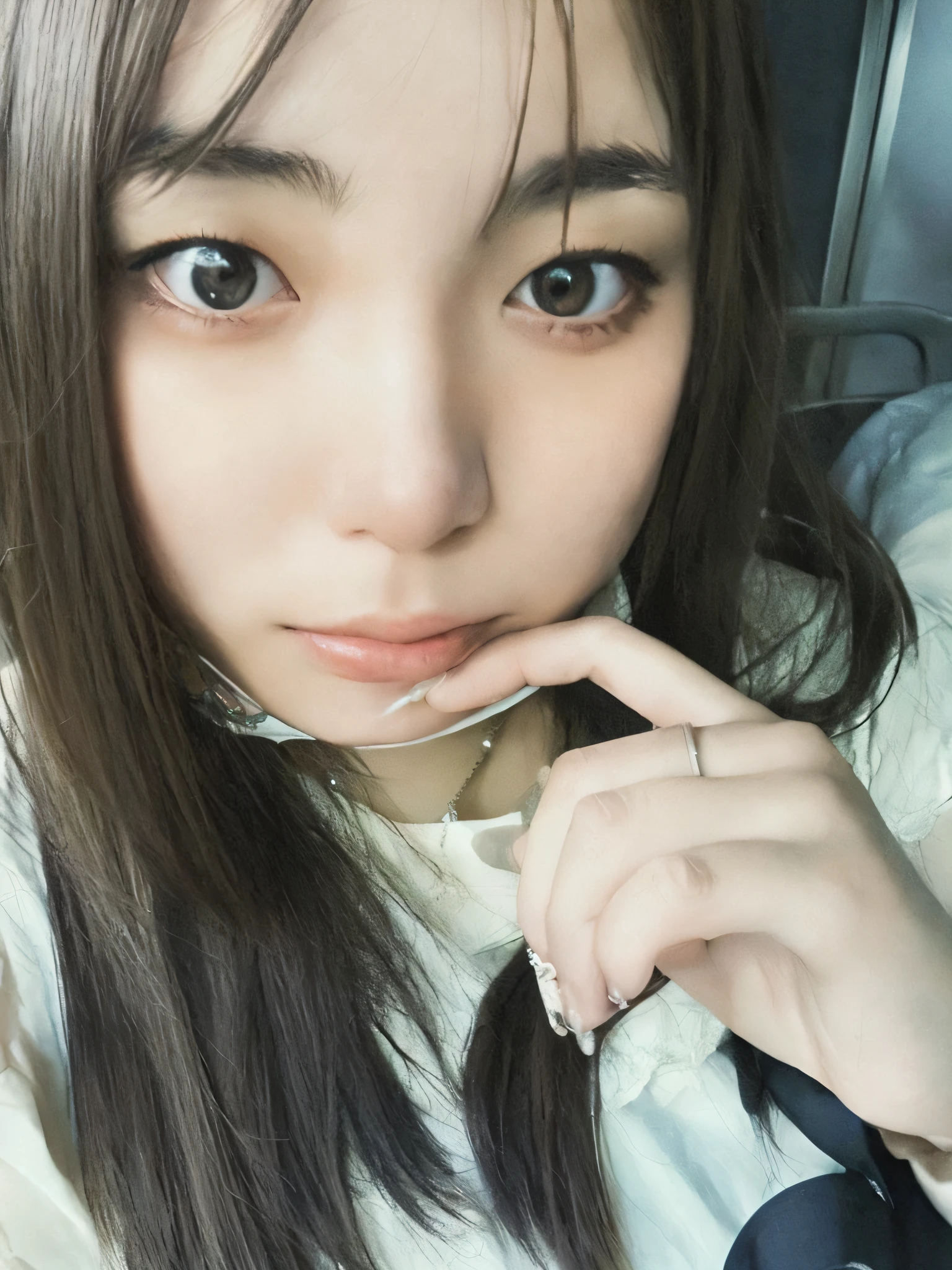 There is a woman with a fork and a white shirt in her mouth, Urzo, Chiho, girl cute thin face, Shikamimi, cute nature anime face, Sakimichan, cute - fine - face, Yoshitomo Nara, clear and cute face