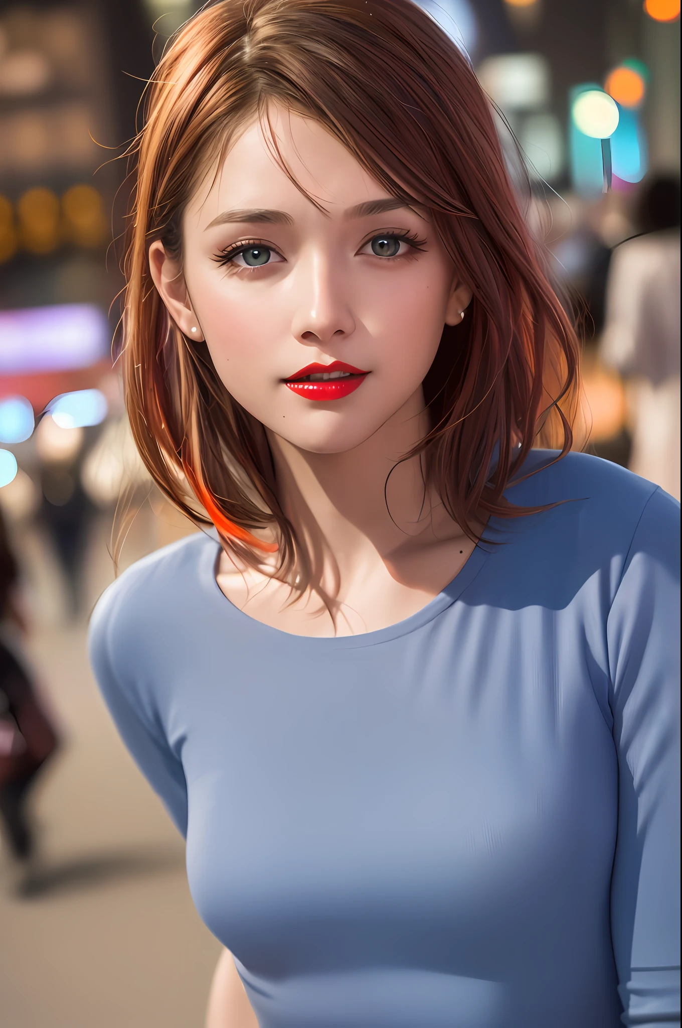 best quality, 8k,raw photo, ultra realistic, masterpiece:1.2,professional light, F1.8,(colorful),blue-orange hue,

1girl, red lips,
looking at viewer, highlight on face, upper body, close-up, mole on face,

city, night,tokyo street,