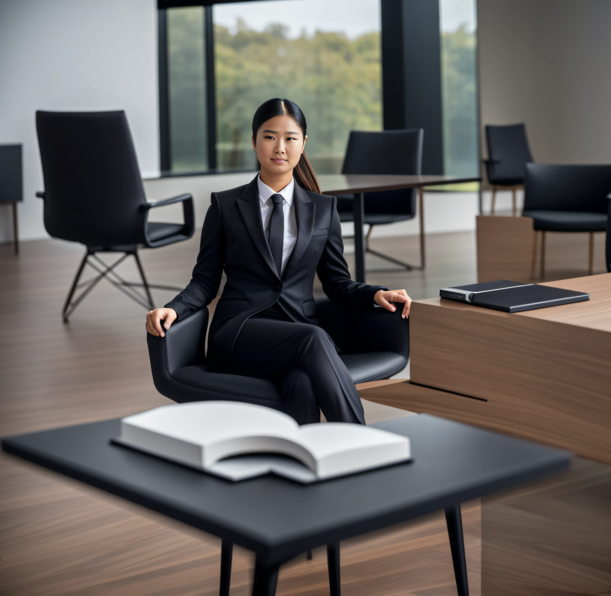 An American woman, seated, ass snubbed from the back, peripheral vision. dress, elite, velvet, dark violet color, small tie. Seria, boss, imposing, Full HD, ISO, The law firm features contemporary design furniture, including armchairs upholstered in black and gray leather, tempered glass coffee tables with chrome bases, a solid wood meeting table with black leather chairs, and a built-in bookcase with brown leather bound legal books. ((panoramic view))?" Its 11-blade circular diaphragm and XA lens elements together provide a nice bokeh. In addition, the lens is equipped with an aperture ring that can be toggled between clicked and clickless operation, a dust and moisture resistant design, and four XD linear autofocus motors that offer fast and accurate autofocus and tracking. This lens offers Sony photographers a brilliant performance tool for portraiture, night scenes, and photography in general." minimum focus distance of 60 cm in the 150 mm position, providing a maximum magnification of 1:3.1 for close-up work. The broadband anti-glare coating eliminates the ghosting effect and reflections, + Gab + ISo, + Side linght lighting practiced.