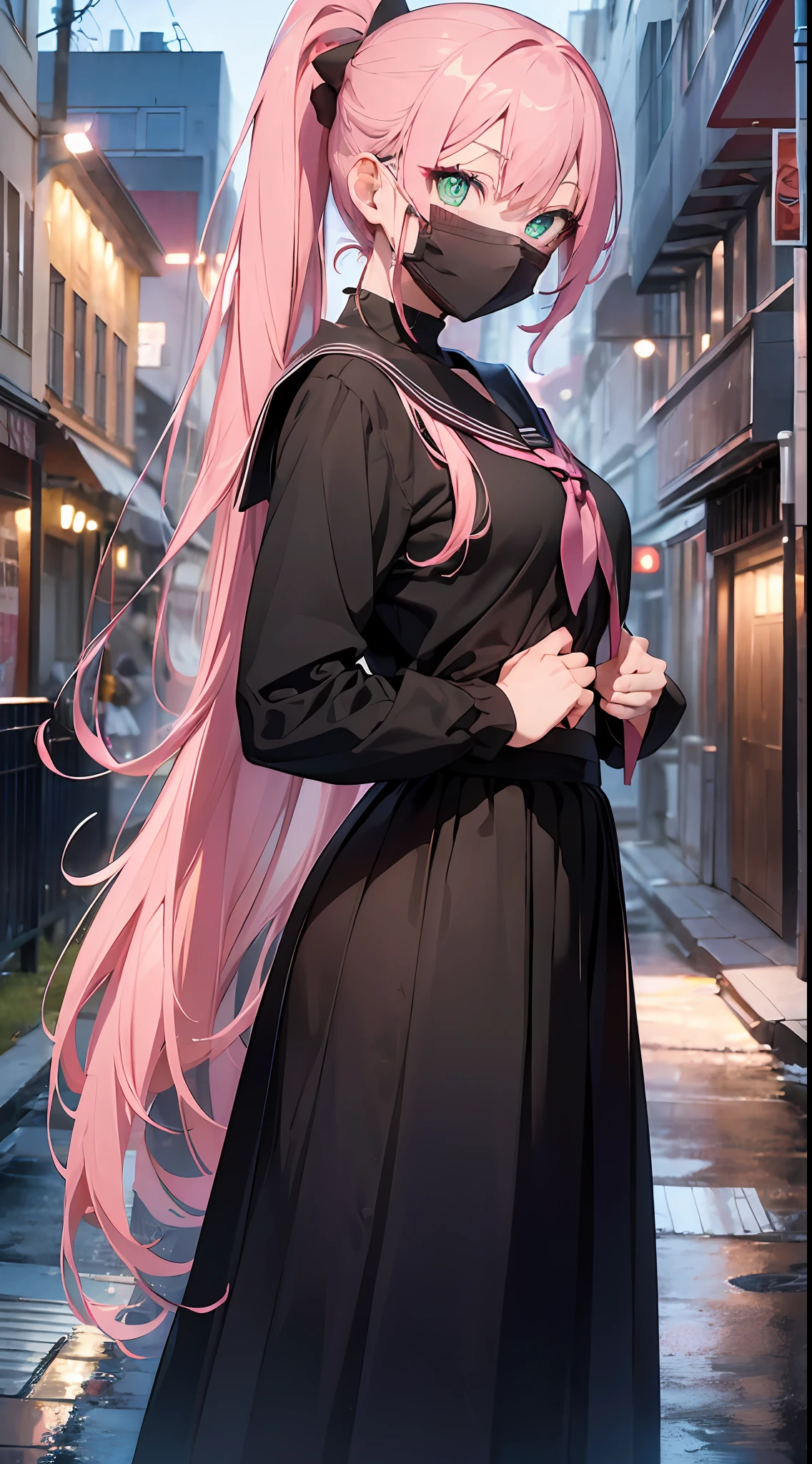 ((Long long skirt)) Arms crossed (wearing a black fiber mask). (((masterpiece))), (super detailed, top quality, high resolution, 8k wallpapers, beautiful clothes,), seen from the side (one girl) (pink hair, long hair, straight hair, ponytail)) ((green eyes)), eyeshadow, eyeliner, glowing eyes, ultra-detailed eyes, complex eyes, beautiful eyes, (glowing pink pupils)) 18 years old. Sailor suit, in black. Get angry. Glare. Park at night