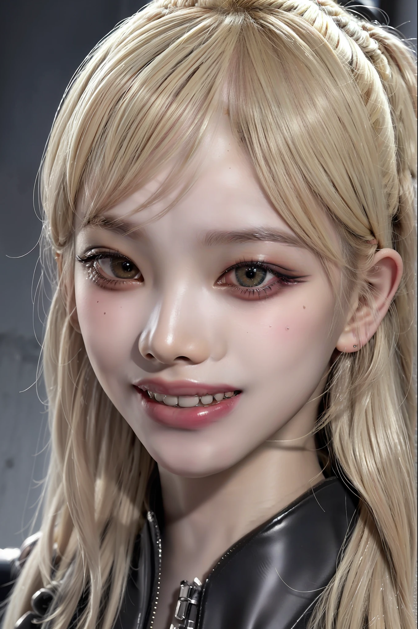 Best quality, masterpiece, ultra high res, (photorealistic:1.4), raw photo, 1girl, long platinum blonde hair, makeup, small grin