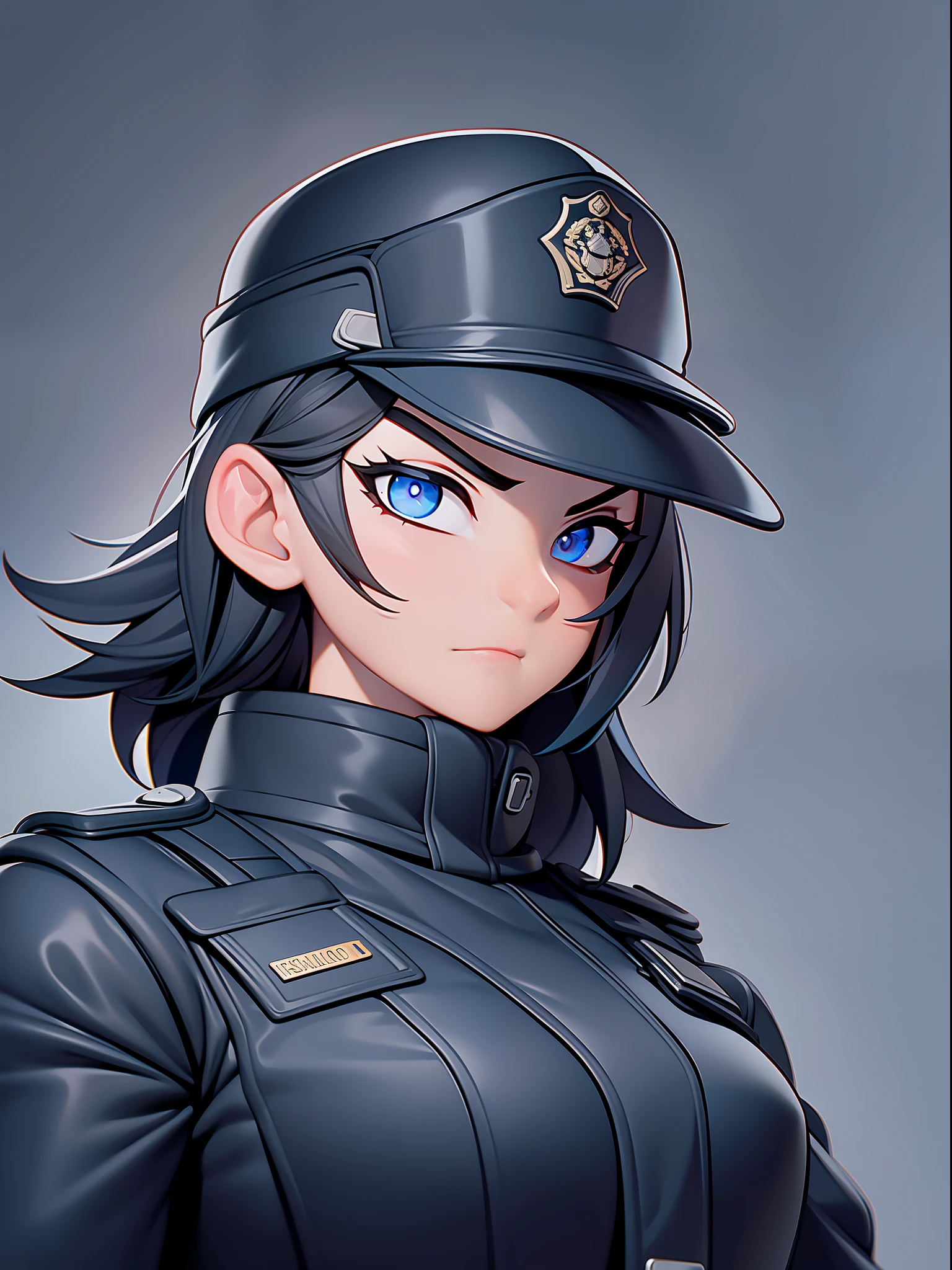 A strong and determined police woman, with tired eyes expressing resilience in the face of challenges, wearing an imposing black leather outfit that highlights her authoritarian presence. She finds herself in a rainy town, where the drops of water create a soggy and gloomy environment, reflecting the intensity of her mission. With her steady gaze, the policewoman stares at the horizon, ready to face any obstacle. The desired style is an amazing and detailed cartoon, which captures all the energy and action of the moment.