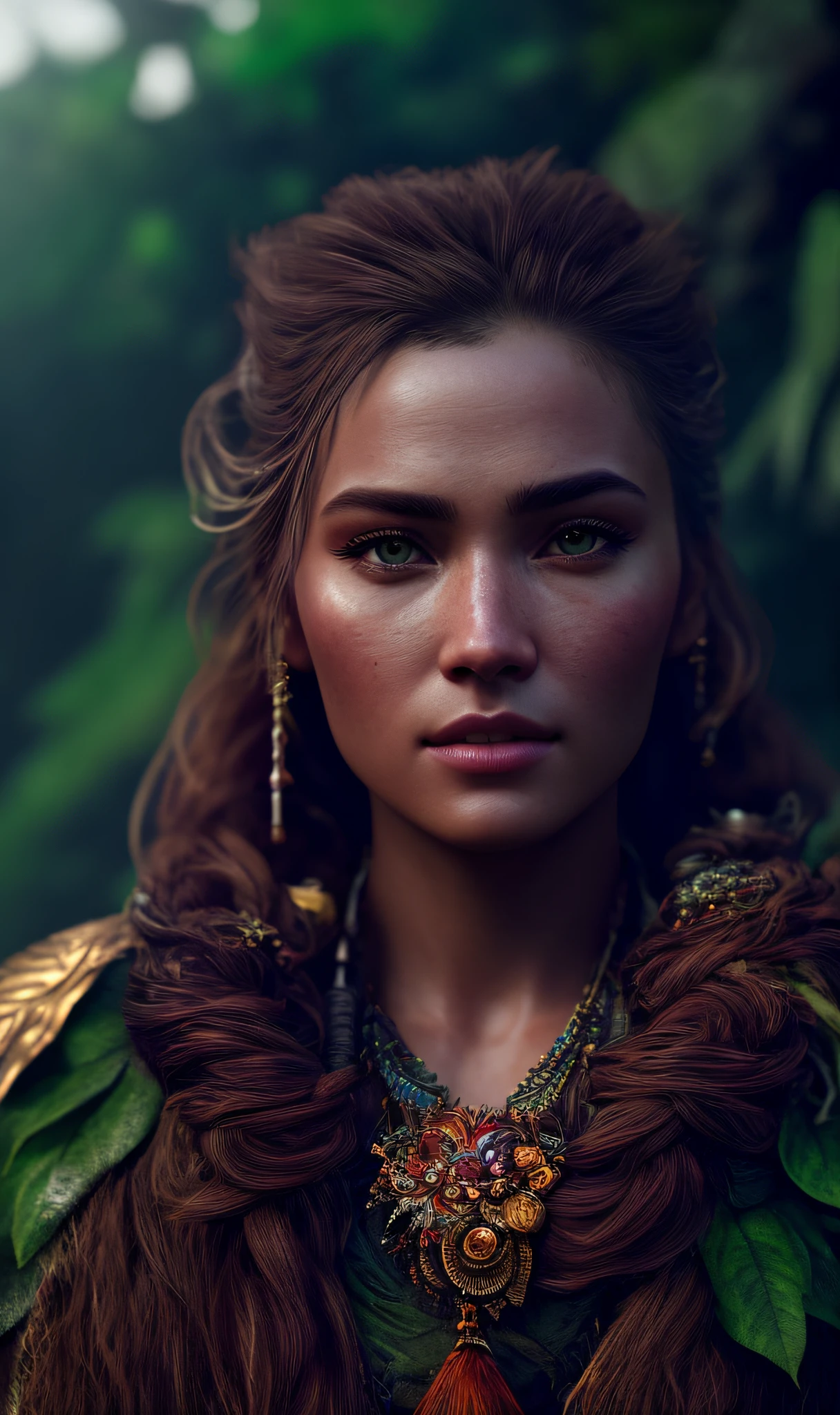 ultra realistic photography, perfectly centered medium upper shot of Aloy from horizon zero dawn, creatures from horizon zero dawn jungle cliffs in the background, looking at viewer, fashion pose, extremely detailed eyes, detailed symmetric realistic face, extremely detailed natural texture, detailed peach fuzz, messy hair, masterpiece, absurdres, award winning photo by lee jeffries, nikon d850 film stock photograph, kodak portra 400 camera f1.6 lens,  depth of field, extremely detailed, amazing, fine detail, rich colors, hyper realistic lifelike texture, dramatic lighting, unrealengine, trending on artstation, cinestill 800 tungsten, photo realistic, RAW photo, TanvirTamim, high quality, highres, sharp focus, extremely detailed, cinematic lighting, 8k uhd, high definition, cinematic, neoprene, behance contest winner, featured on unsplash, cgsociety, unreal engine 5, ultra sharp focus