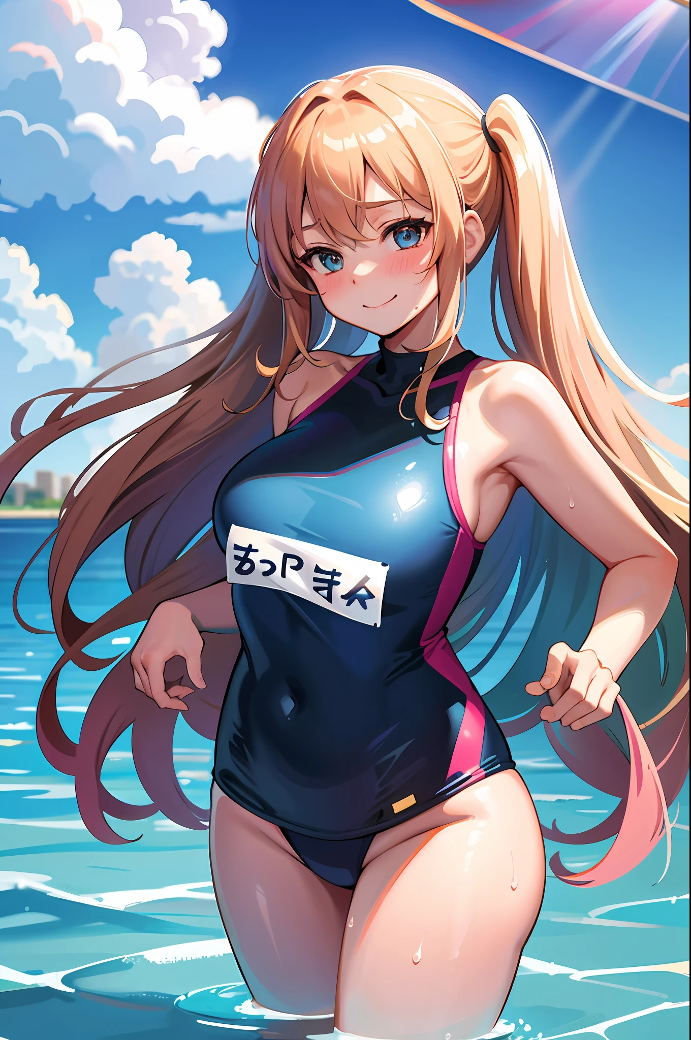 master-piece,hyper quality,hyper detailed,perfect drawing,solo, beautiful girl in swimsuit,,B99W66H110、Height 140cm、plump,Blushing,Sweat,Sunburned skin,Cheeky smile,Swimming club,Competitive swimsuit (one-piece type swimsuit, sober swimsuit) old, legs shoulder-width apart (30cm), slightly open crotch, Water gushing from crotch, embarrassed expression, blush, moist eyes, blue sky, cumulonimbus clouds, brilliant sun, sparkling water, school swimsuit, competitive swimming pool, shot from diagonally below, thin fabric swimsuit, light from the front, forward light, sunlight, summer sky, clearface, master-piece, hyper quality, hyper detailed, perfect drawing, CG, 3D, 8k,illustration,beautiful face girl,hiten_1,