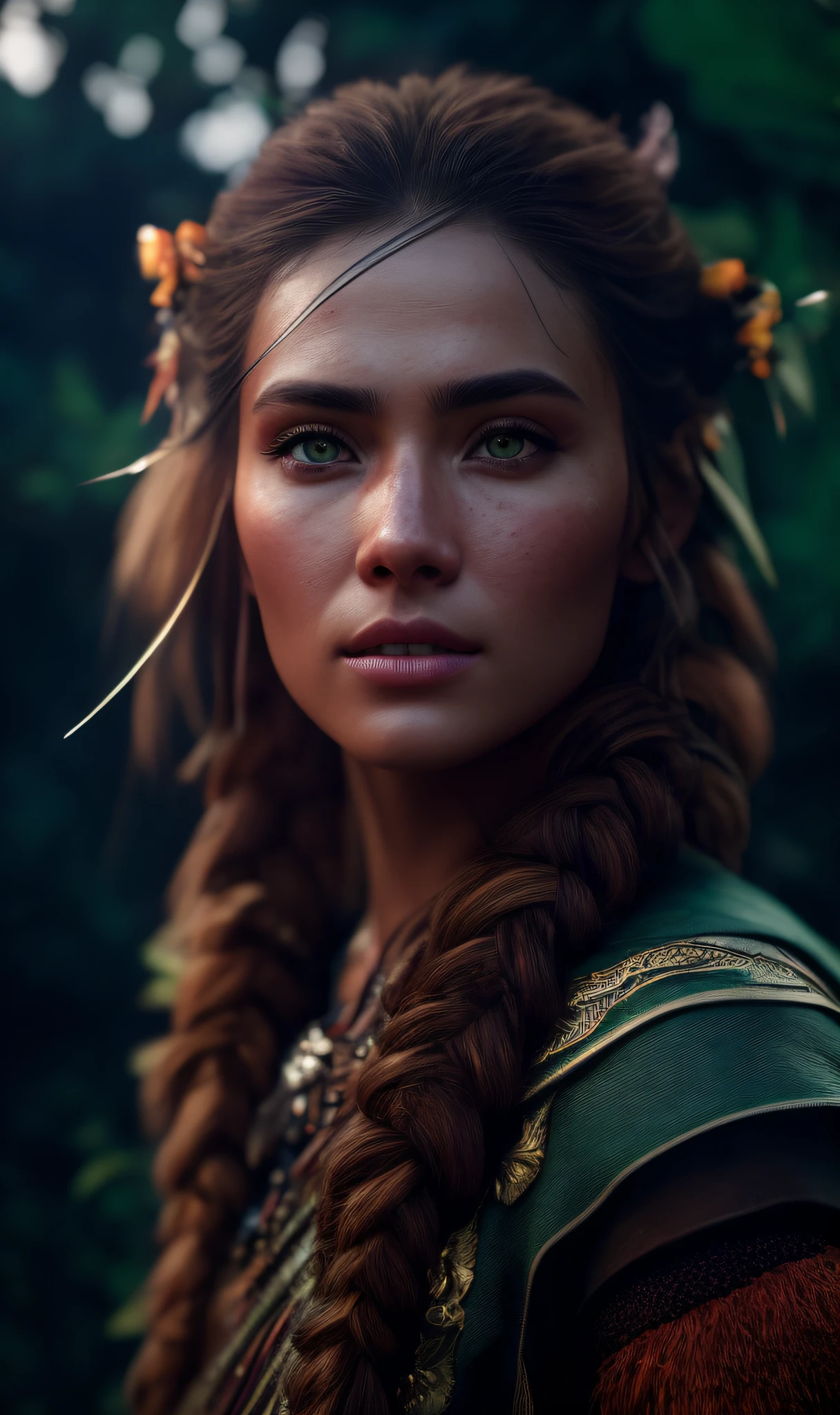 ultra realistic photography, perfectly centered medium upper shot of Aloy from horizon zero dawn, creatures from horizon zero dawn jungle cliffs in the background, looking at viewer, fashion pose, extremely detailed eyes, detailed symmetric realistic face, extremely detailed natural texture, detailed peach fuzz, messy hair, masterpiece, absurdres, award winning photo by lee jeffries, nikon d850 film stock photograph, kodak portra 400 camera f1.6 lens,  depth of field, extremely detailed, amazing, fine detail, rich colors, hyper realistic lifelike texture, dramatic lighting, unrealengine, trending on artstation, cinestill 800 tungsten, photo realistic, RAW photo, TanvirTamim, high quality, highres, sharp focus, extremely detailed, cinematic lighting, 8k uhd, high definition, cinematic, neoprene, behance contest winner, featured on unsplash, cgsociety, unreal engine 5, ultra sharp focus