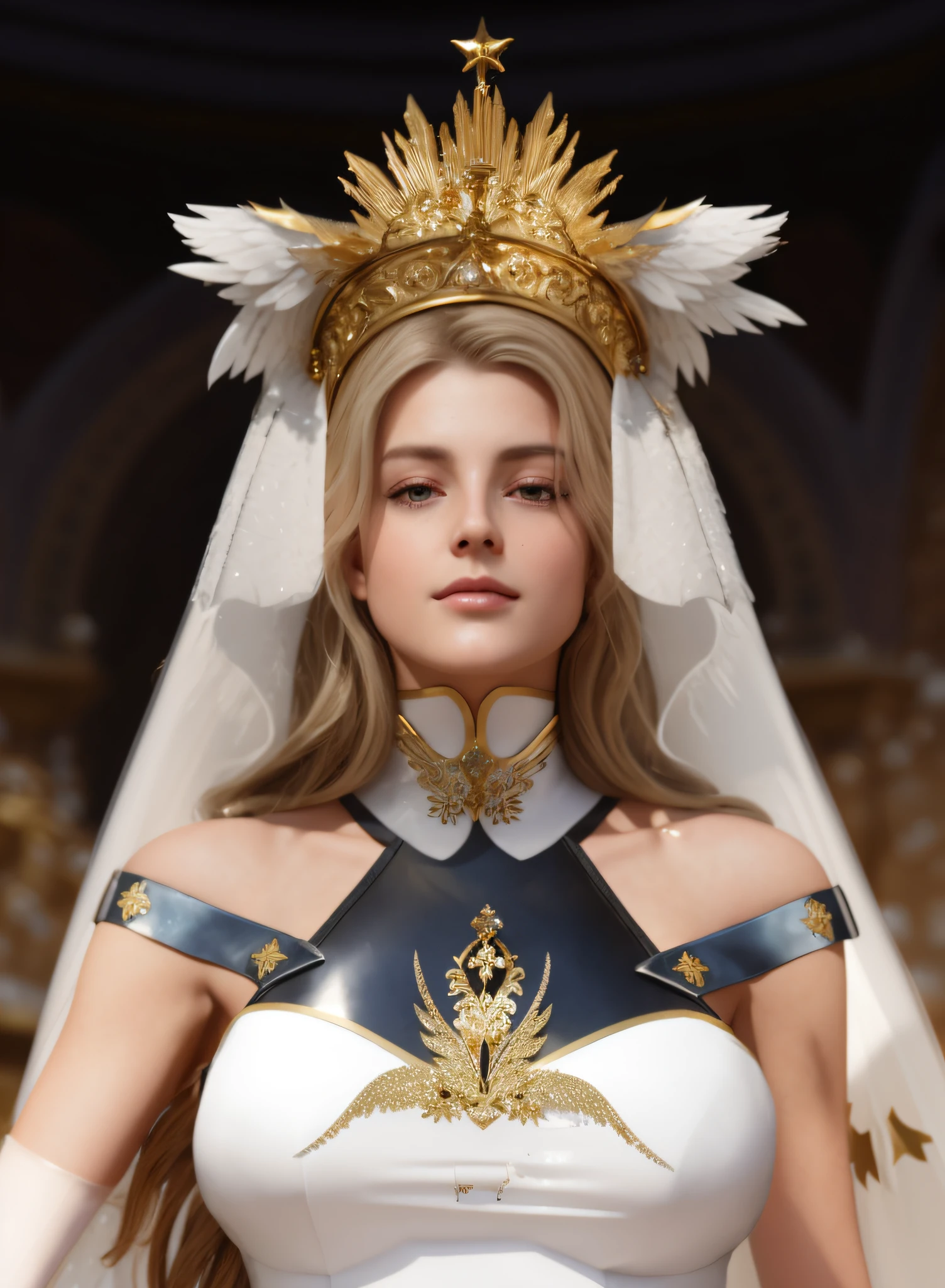 A noble nun, with a shiny headscarf and a winged brooch on her chest, made of delicate gold and encrusted with rare gems, full of ritual, bloom, ((cold light)), sharp focus, photo realistic, detailed skin, background out of focus, cinematic composition , ultra-detailed, realistic , hyper-realistic , volumetric lighting, 8k, trending on artstation