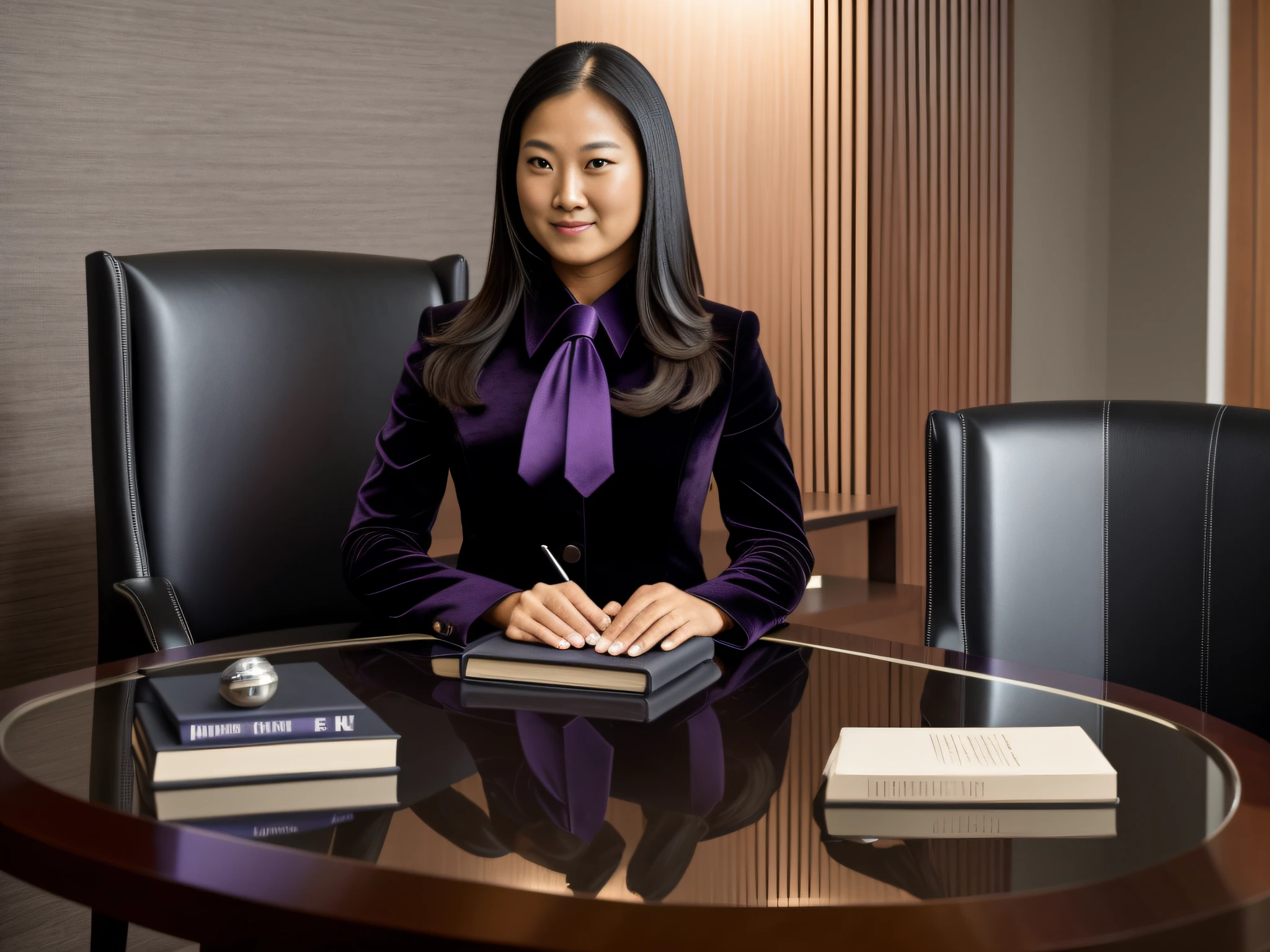 An American woman, stubborn, dressed, elite, velvet, dark violet color, small tie. Seria, boss, imposing, Full HD, ISO, The law firm features contemporary design furniture, including armchairs upholstered in black and gray leather, tempered glass coffee tables with chrome bases, a solid wood meeting table with black leather chairs, and a built-in bookcase with brown leather bound legal books. ?" Its 11-blade circular diaphragm and XA lens elements together provide a nice bokeh. In addition, the lens is equipped with an aperture ring that can be toggled between clicked and clickless operation, a dust and moisture resistant design, and four XD linear autofocus motors that offer fast and accurate autofocus and tracking. This lens offers Sony photographers a brilliant performance tool for portraiture, night scenes, and photography in general."