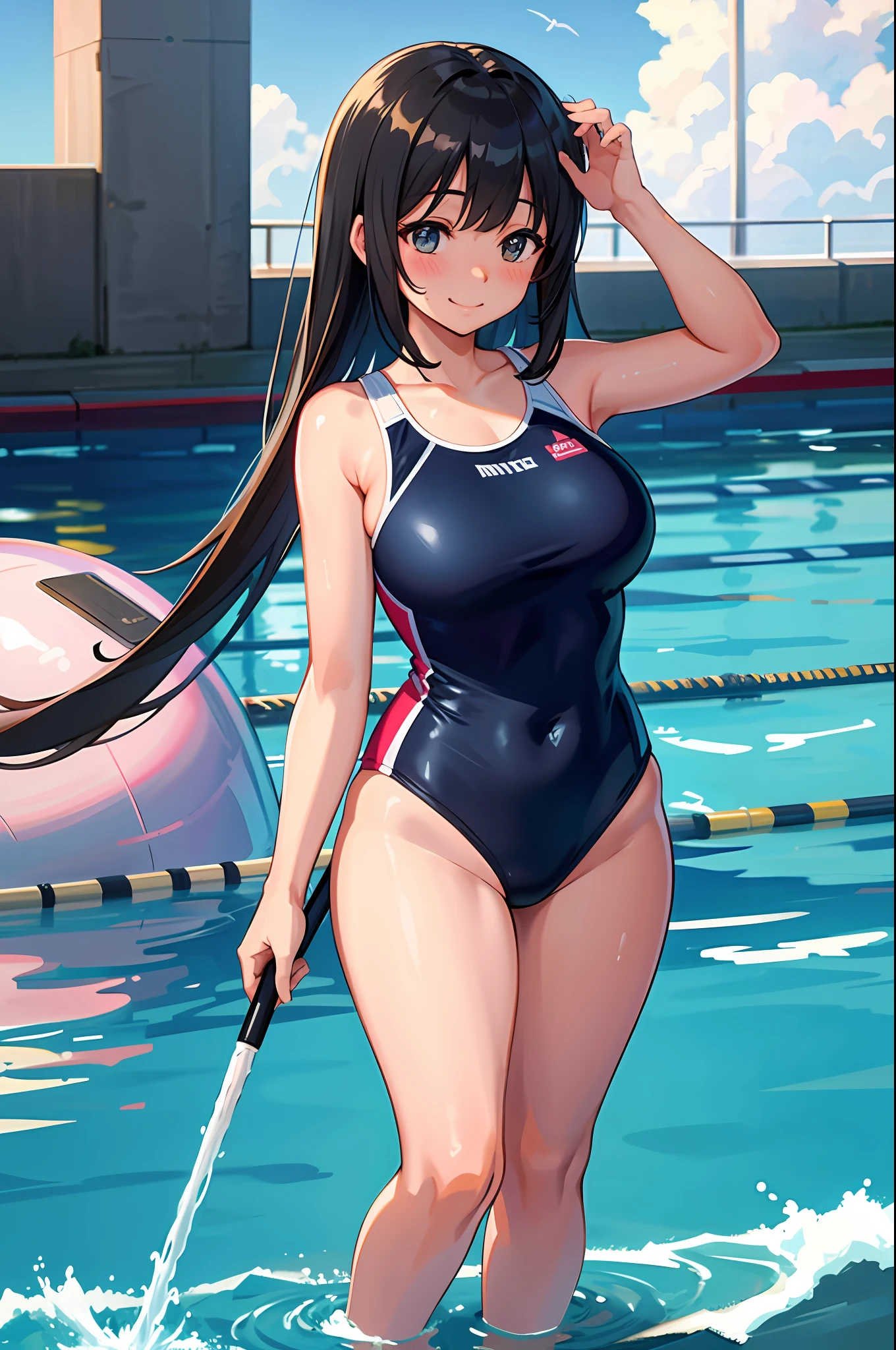 master-piece,hyper quality,hyper detailed,perfect drawing,solo, beautiful girl in swimsuit,,B99W66H110、Height 140cm、plump,Blushing,Sweat,Sunburned skin,Cheeky smile,Swimming club,Competitive swimsuit (one-piece type swimsuit, sober swimsuit), legs shoulder-width apart (30cm), slightly open crotch, Water gushing from crotch, embarrassed expression, blush, moist eyes, blue sky, cumulonimbus clouds, brilliant sun, sparkling water, school swimsuit, competitive swimming pool, shot from diagonally below, thin fabric swimsuit, light from the front, forward light, sunlight, summer sky, clearface, master-piece, hyper quality, hyper detailed, perfect drawing, CG, 3D, 8k,illustration,beautiful face girl,hiten_1,