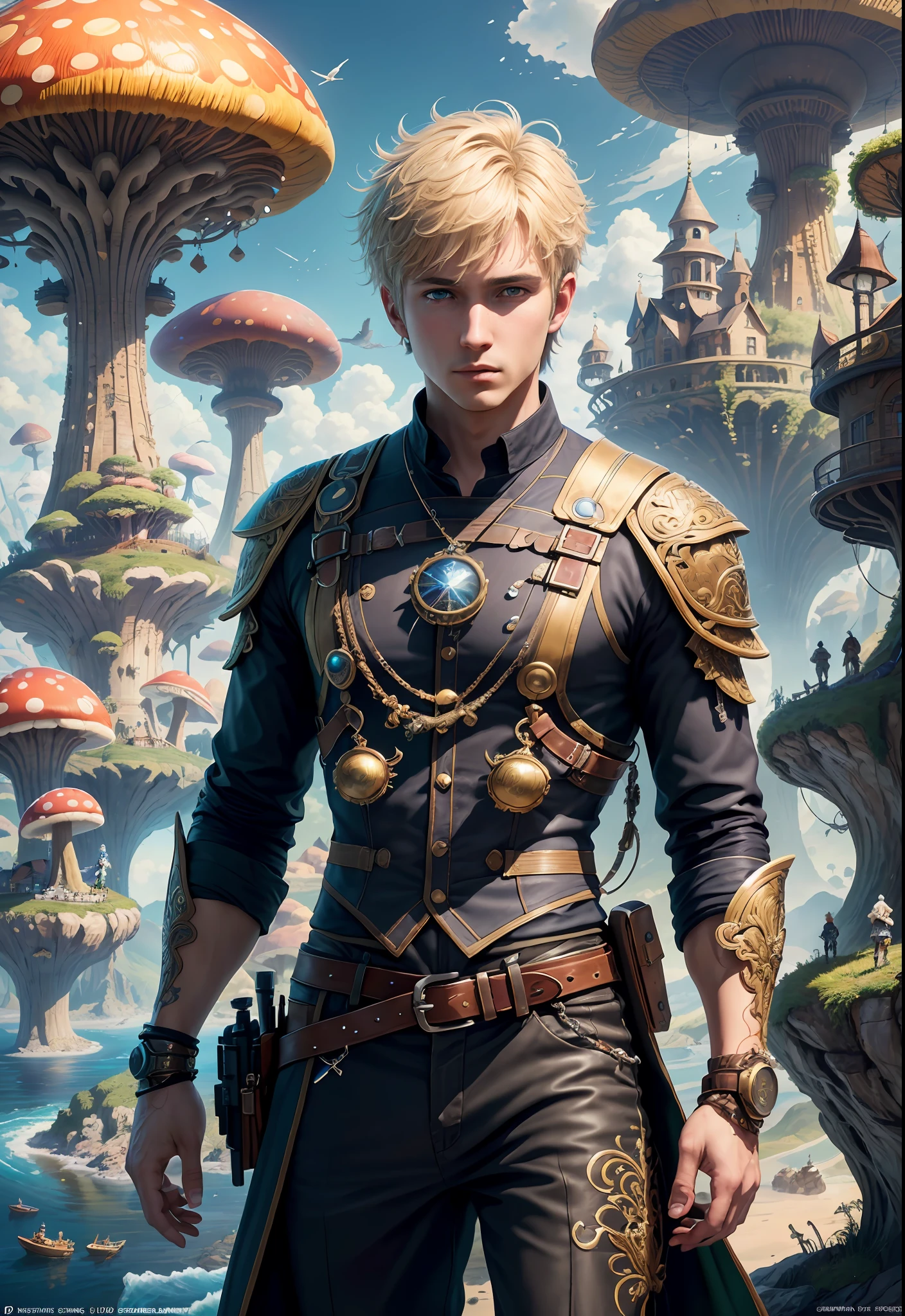 (((Multiplayer, Man and Woman))), Best Quality, Realistic, Realistic, Award-Winning Illustrations, (Intricate Details: 1.2), (Fine Details), (Intricate Details), (Cinematic Light, Best Quality Backlight), Clear Lines, Sharp Focus, Official Art, Unity 8k Wallpaper, Ridiculous, Incredibly Ridiculous, Fantasy Art, RTX, ((Award-winning Triangle Studio Close-up Photo)), 1 Boy, (Shut Up), Best Quality, 4K, beautiful mysterious creatures, blond male, flying, surrealism, masterpiece of NCWINTERS, masterpiece in mysterious country town, masterpiece, intricate details, ff14style, urban painting, bridge, river, giant mushroom, landscape, bright colors,