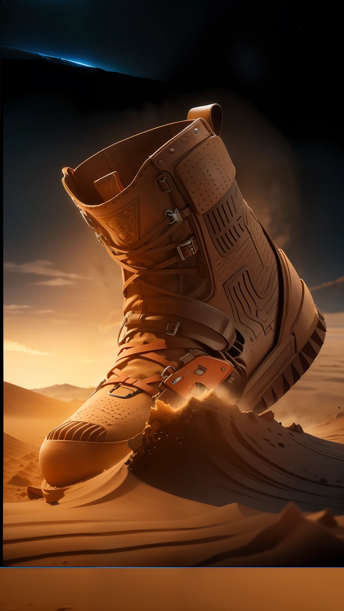 small mound of harness and wave-shaped dust rising after a strong footsteps, capping a piece of the boot