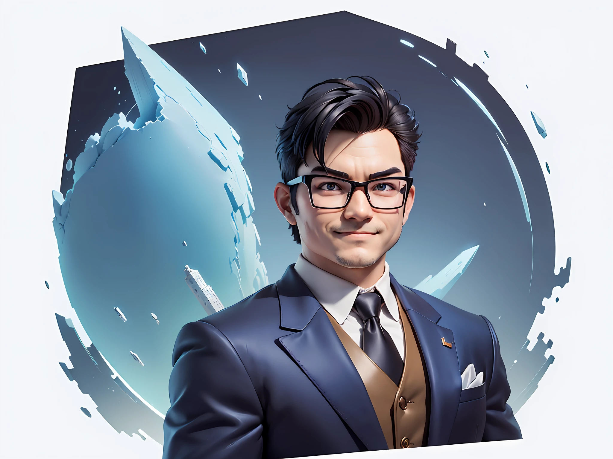 (((Masterpiece), (Excellent), (Super Meticulous), (Full Body: 1.2), Super Young Man, Oriental Face, Japanese Wind and Thunder God, Dragon, Tiger, TV Anchor, Bust Portrait Illustration, Alone, Black Formal Suit, Blue Tie, Slightly Chubby Face, Silver Glasses Face Very Clean No Beard, Black Super Short Hair, Black Eyes, Confident Smile, 3c Computer Sub-Products, iPad, iPhone, Digital Painting, 3D Character Design by Akira Toriyama and Mark Claireden and Pixar and Hayao Miyazaki, The illustration is a high-definition illustration in 4K resolution with very detailed facial features and cartoon-style visuals.