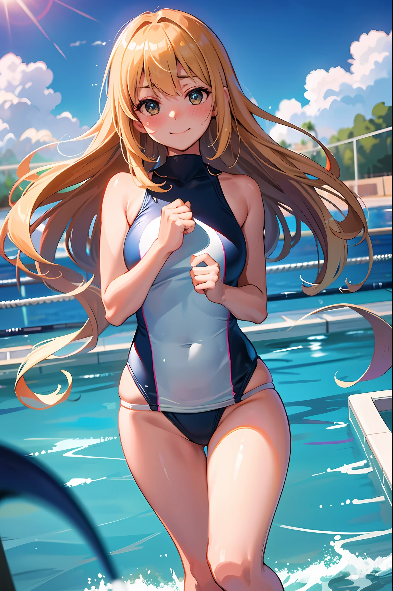 master-piece,hyper quality,hyper detailed,perfect drawing,solo, beautiful girl in swimsuit,,B99W66H110、Height 140cm、plump,Blushing,Sweat,Sunburned skin,Cheeky smile,Swimming club,Competitive swimsuit (one-piece type swimsuit, sober swimsuit) old, legs shoulder-width apart (30cm), slightly open crotch, Water gushing from crotch, embarrassed expression, blush, moist eyes, blue sky, cumulonimbus clouds, brilliant sun, sparkling water, school swimsuit, competitive swimming pool, shot from diagonally below, thin fabric swimsuit, light from the front, forward light, sunlight, summer sky, clearface, master-piece, hyper quality, hyper detailed, perfect drawing, CG, 3D, 8k,illustration,beautiful face girl,hiten_1,