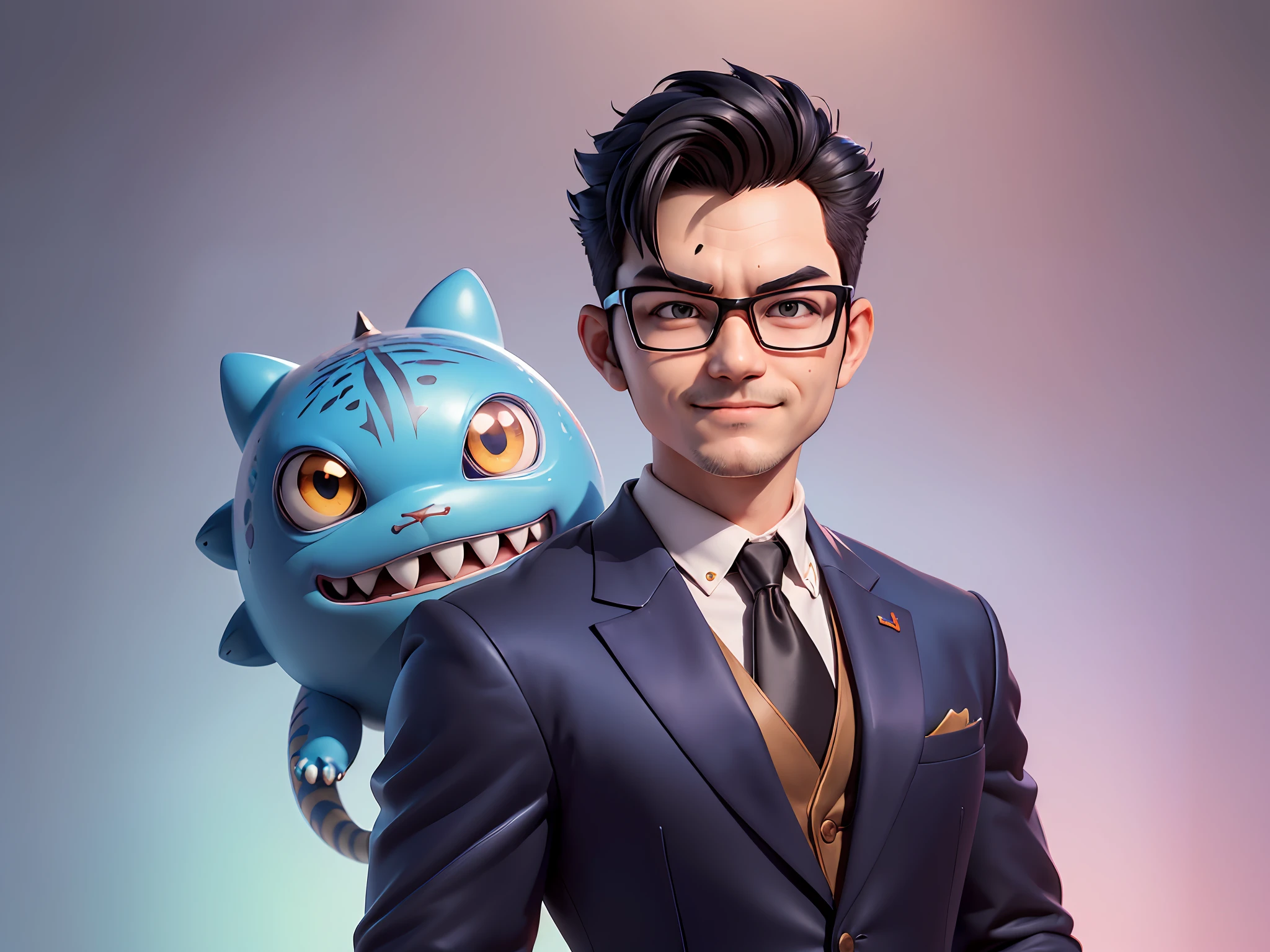 (((Masterpiece), (Excellent), (Super Meticulous), (Full Body: 1.2), Super Young Man, Oriental Face, Japanese Wind and Thunder God, Dragon, Tiger, TV Anchor, Bust Portrait Illustration, Alone, Black Formal Suit, Blue Tie, Slightly Chubby Face, Silver Glasses Face Very Clean No Beard, Black Super Short Hair, Black Eyes, Confident Smile, 3c Computer Sub-Products, iPad, iPhone, Digital Painting, 3D Character Design by Akira Toriyama and Mark Claireden and Pixar and Hayao Miyazaki, The illustration is a high-definition illustration in 4K resolution with very detailed facial features and cartoon-style visuals.
