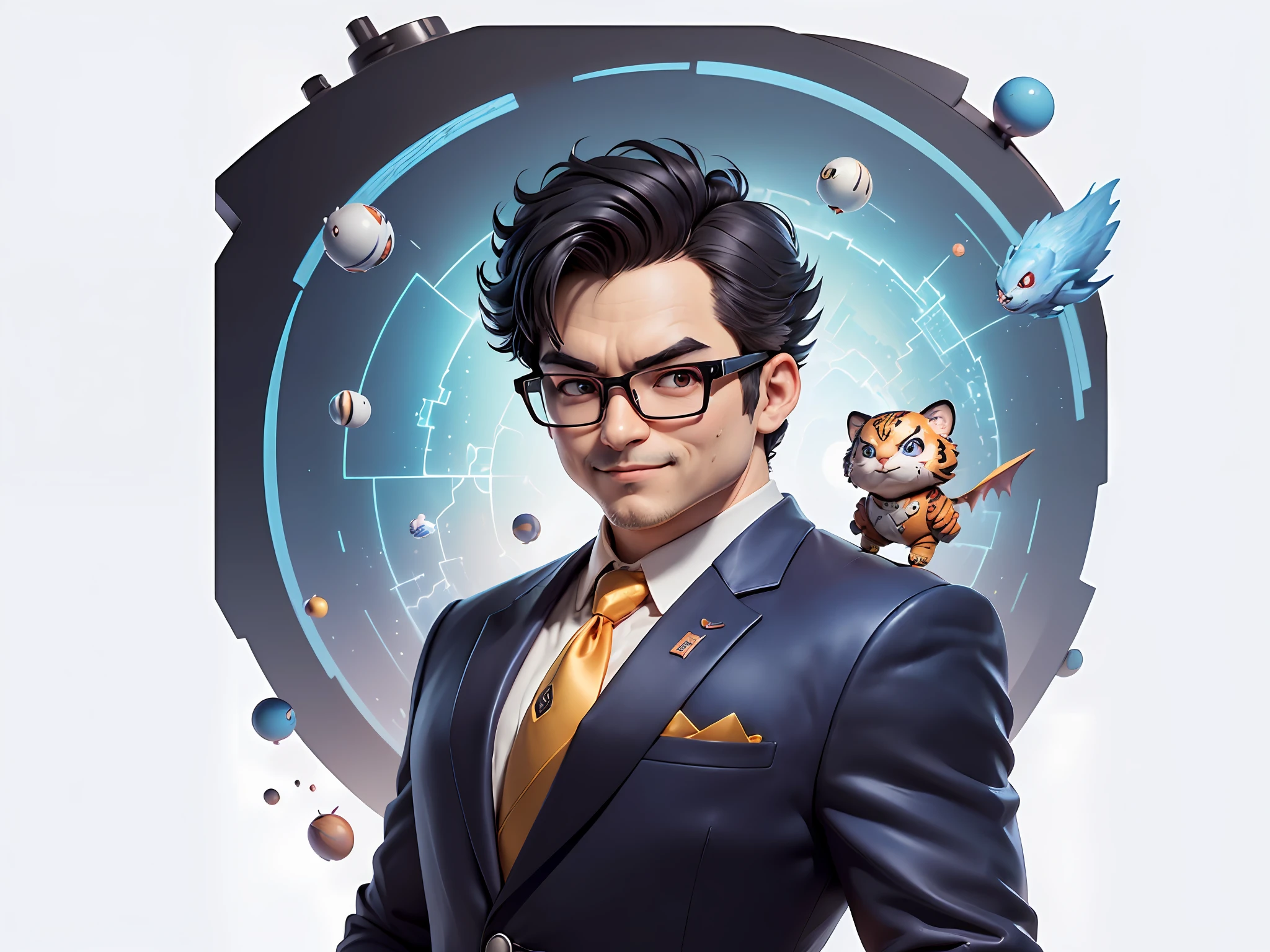 (((Masterpiece), (Excellent), (Super Meticulous), (Full Body: 1.2), Super Young Man, Oriental Face, Japanese Wind and Thunder God, Dragon, Tiger, TV Anchor, Bust Portrait Illustration, Alone, Black Formal Suit, Blue Tie, Slightly Chubby Face, Silver Glasses Face Very Clean No Beard, Black Super Short Hair, Black Eyes, Confident Smile, 3c Computer Sub-Products, iPad, iPhone, Digital Painting, 3D Character Design by Akira Toriyama and Mark Claireden and Pixar and Hayao Miyazaki, The illustration is a high-definition illustration in 4K resolution with very detailed facial features and cartoon-style visuals.
