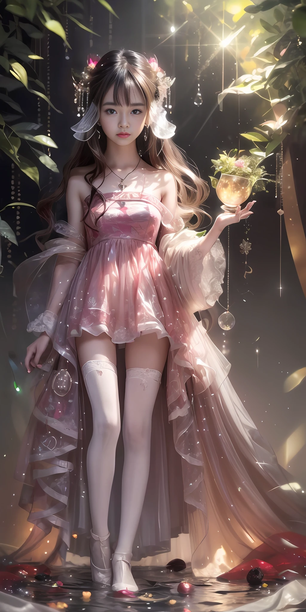 (best quality, masterpiece, high resolution, glow, flood, lens glare, wide angle), sunlight, full body, 1 [Chinese|Russian|Japanese|Korean] girl, ((plum red:1.1) clothes), necklace, jewelry, long hair, earrings, super delicate face, beautiful face, full face blush, (perfect eyes) and ( long eyelashes: 1.4), glowing pupils, (white stockings: 0.9), realism, (high detail skin: 1.2), 8k ultra hd, DSLR, high quality, volumetric lighting, frank, high resolution, 4K, 8K, background bokeh, dream forest, radiant garlic, feather drop effect, morning, foreground, f/16