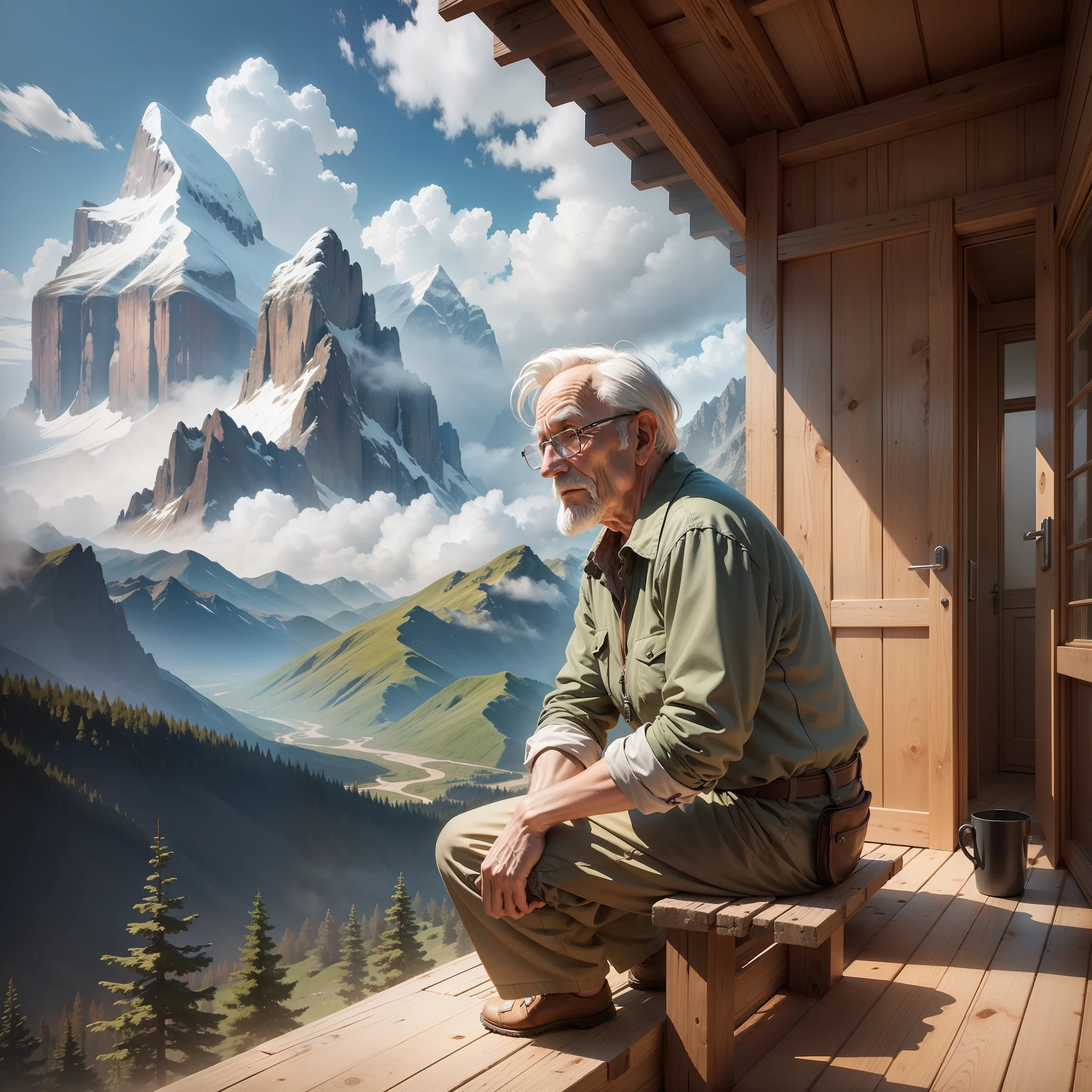 Old man living in a wooden house in the mountains, 2d rendering
