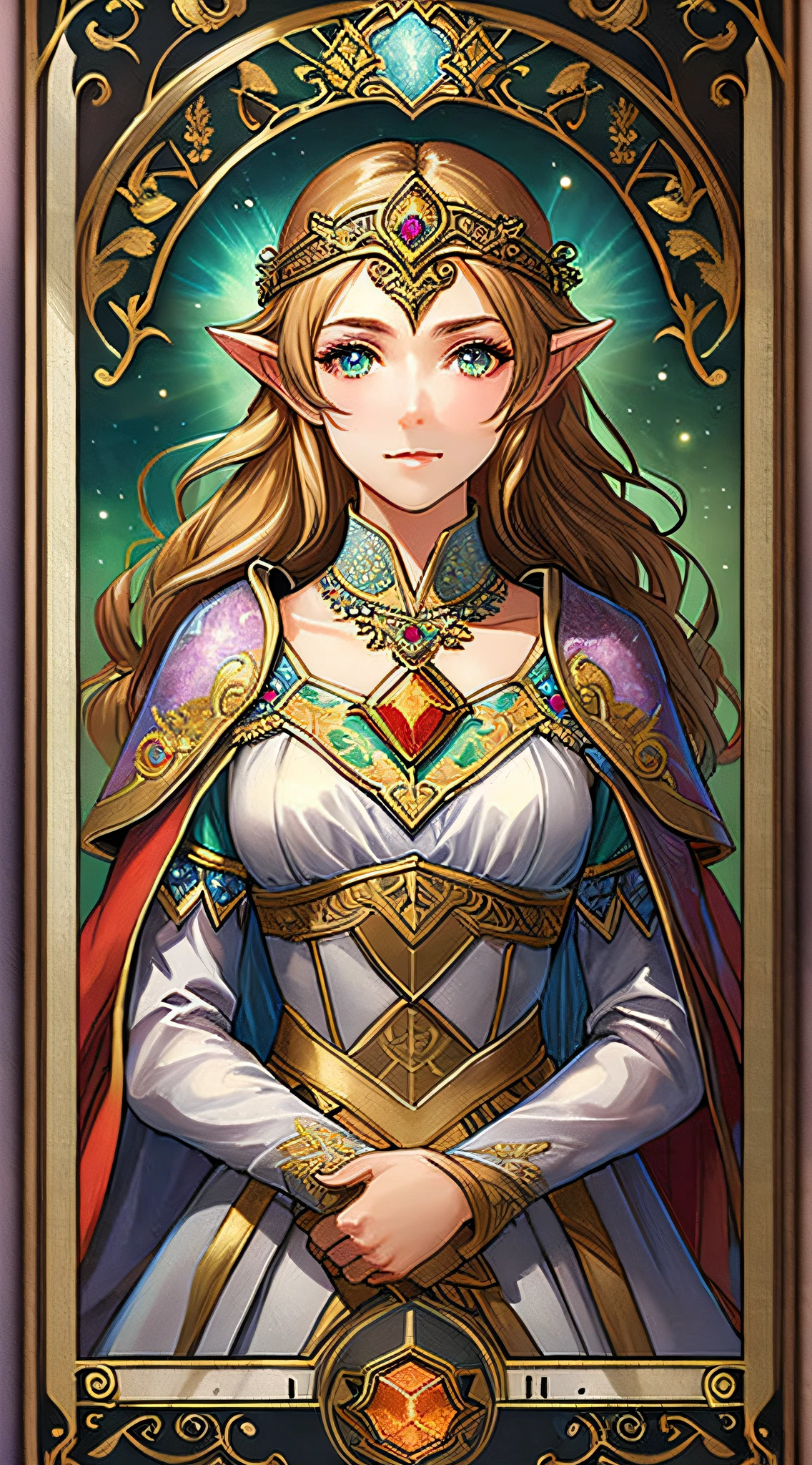 (Best quality),(masterpiece),(ultra detailed),(4k resolution),(extremely detailed),perfectly detailed princess zelda tarot card!! blessed by nature with ever - increasing physical mental perfection, symmetrical! intricate, sensual features, highly detailed, biblical divine holy perfection!! digital painting, artstation, concept art, smooth, sharp focus, illustration, art by artgerm and greg rutkowski and alphonse mucha