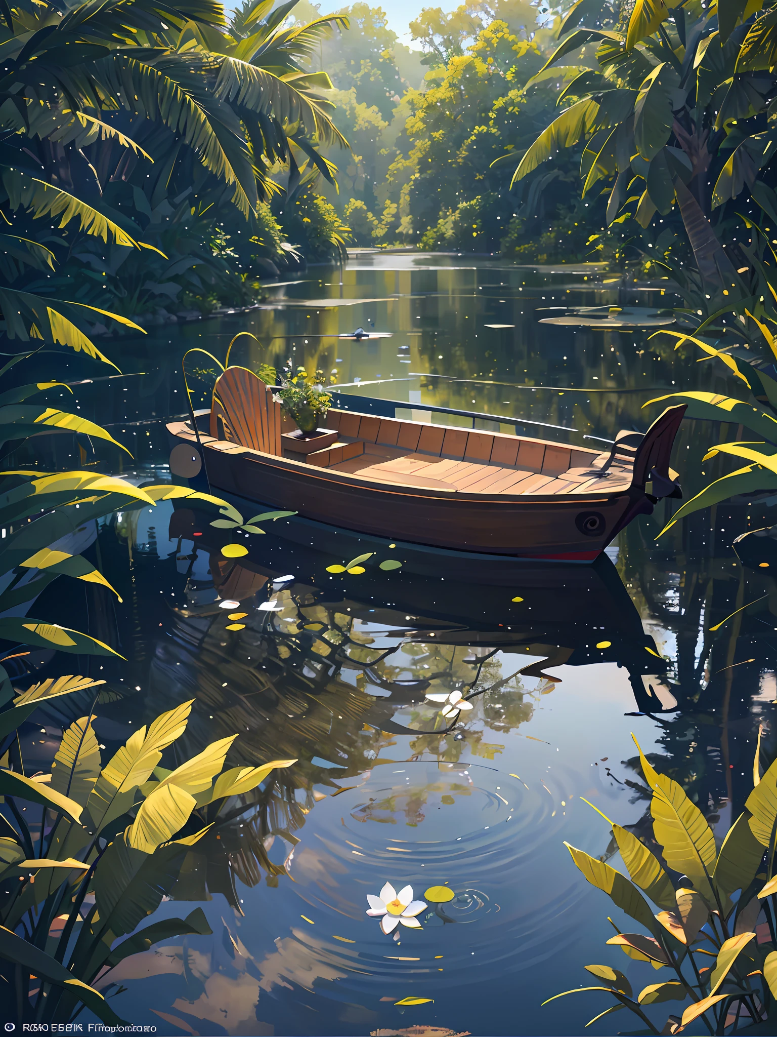 Wallpaper, nature of beauty, summer pond, pond, boat, afternoon sun, reeds, pond background, depth of field, hot weather, HD detail, wet watermark, hyperdetail, realistic photo, 16k, masterpiece of Nikon, soft light, deep field focus bokeh, ray tracing, diffuse (ultra-fine glass reflection) and surrealism. --v6