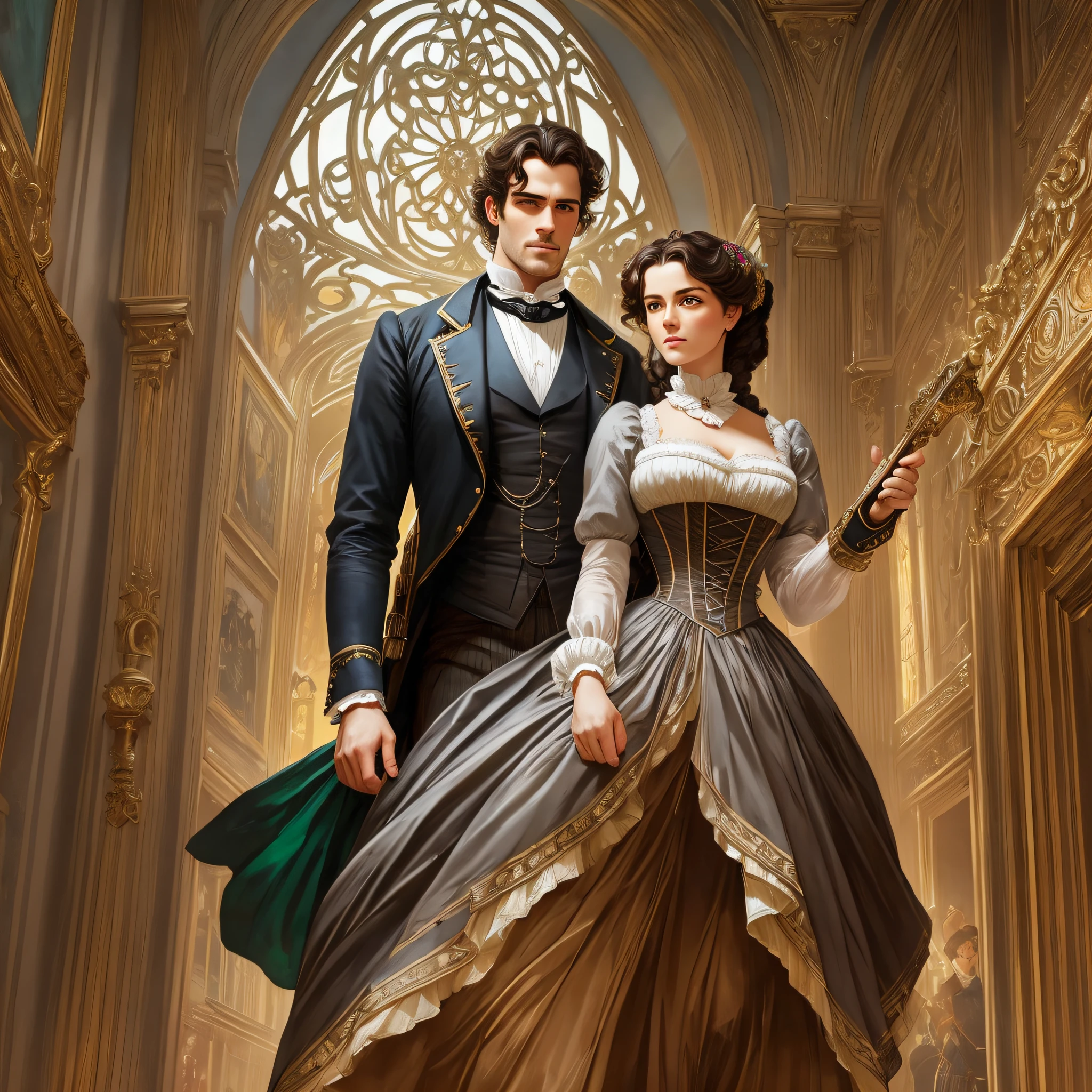 masterpiece full body of love couple, 1 handsome strong victorian gentleman (Henri Cavill) and his 20 years old delicate and curvy girlfriend, wearing british victorian lady riding outfit, cute lady dress, ruddy skin, dark brown straight medium hair, detailed perfect almond-shaped emerald green eyes, perfect sensual and full lips, resemblance to scarlett ohara, ((sunny victorian mansion garden background)), cover, hyperdetailed painting, luminism, Bar lighting, complex, 4k resolution concept art portrait by Greg Rutkowski, Artgerm, WLOP, Alphonse Mucha: a stunning realistic photograph