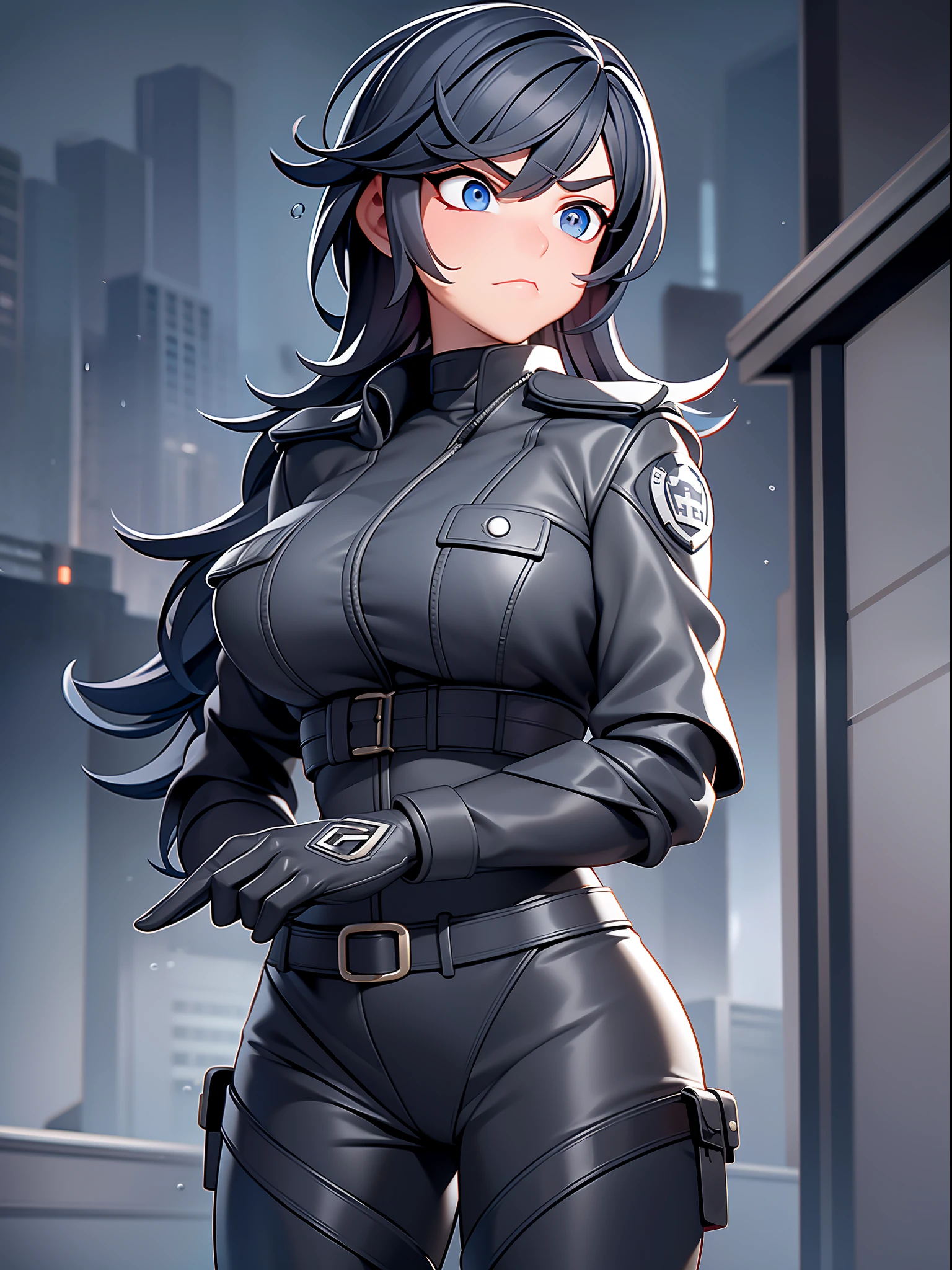 A strong and determined police woman, with tired eyes expressing resilience in the face of challenges, wearing an imposing black leather outfit that highlights her authoritarian presence. She finds herself in a rainy town, where the drops of water create a soggy and gloomy environment, reflecting the intensity of her mission. With her steady gaze, the policewoman stares at the horizon, ready to face any obstacle. The desired style is an amazing and detailed cartoon, which captures all the energy and action of the moment.