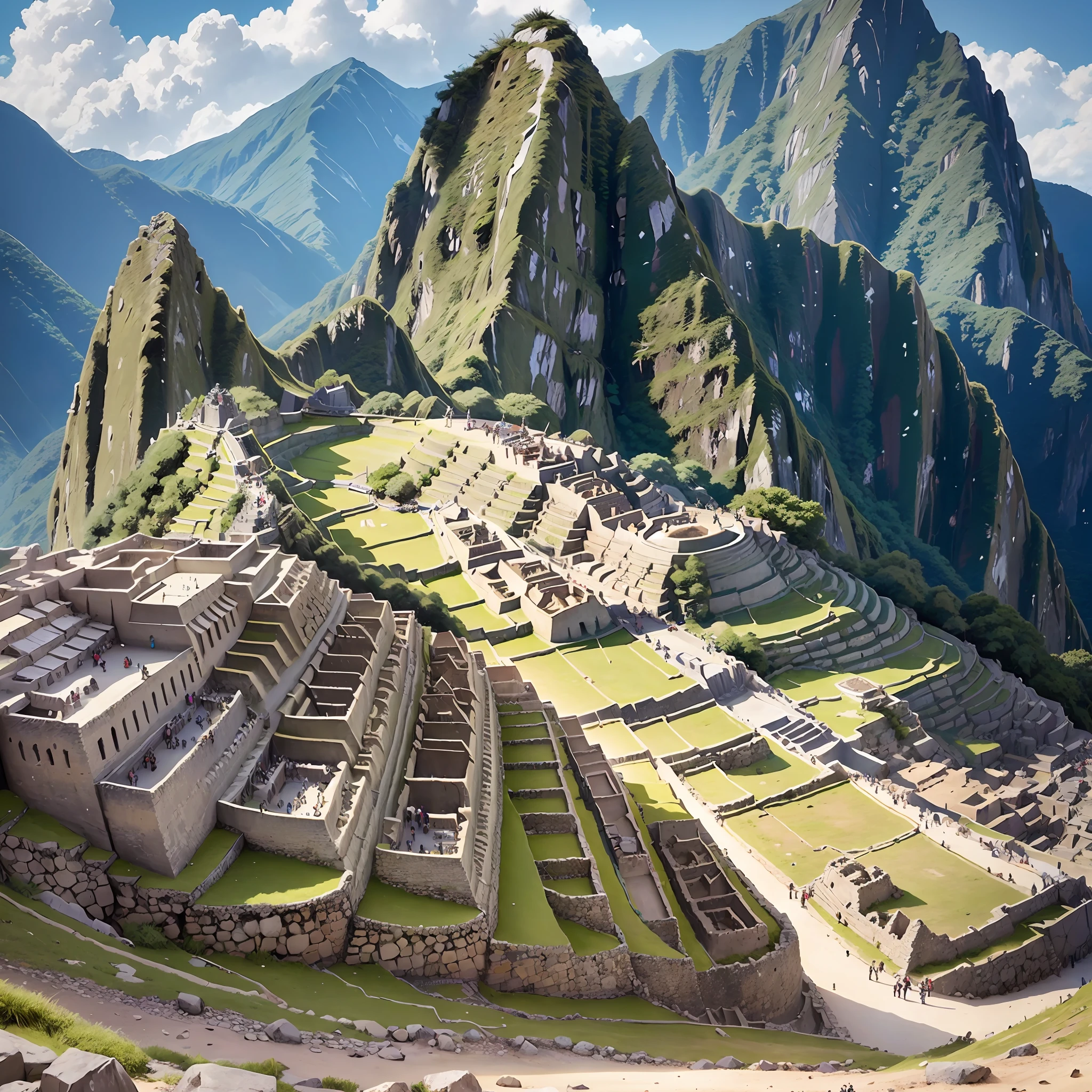 Create an image of machu picchu in the realistic turkey as if it were newly created and with people working on the work and with a large and very visible white text written machu picchu, 1920x1080 --auto --s2