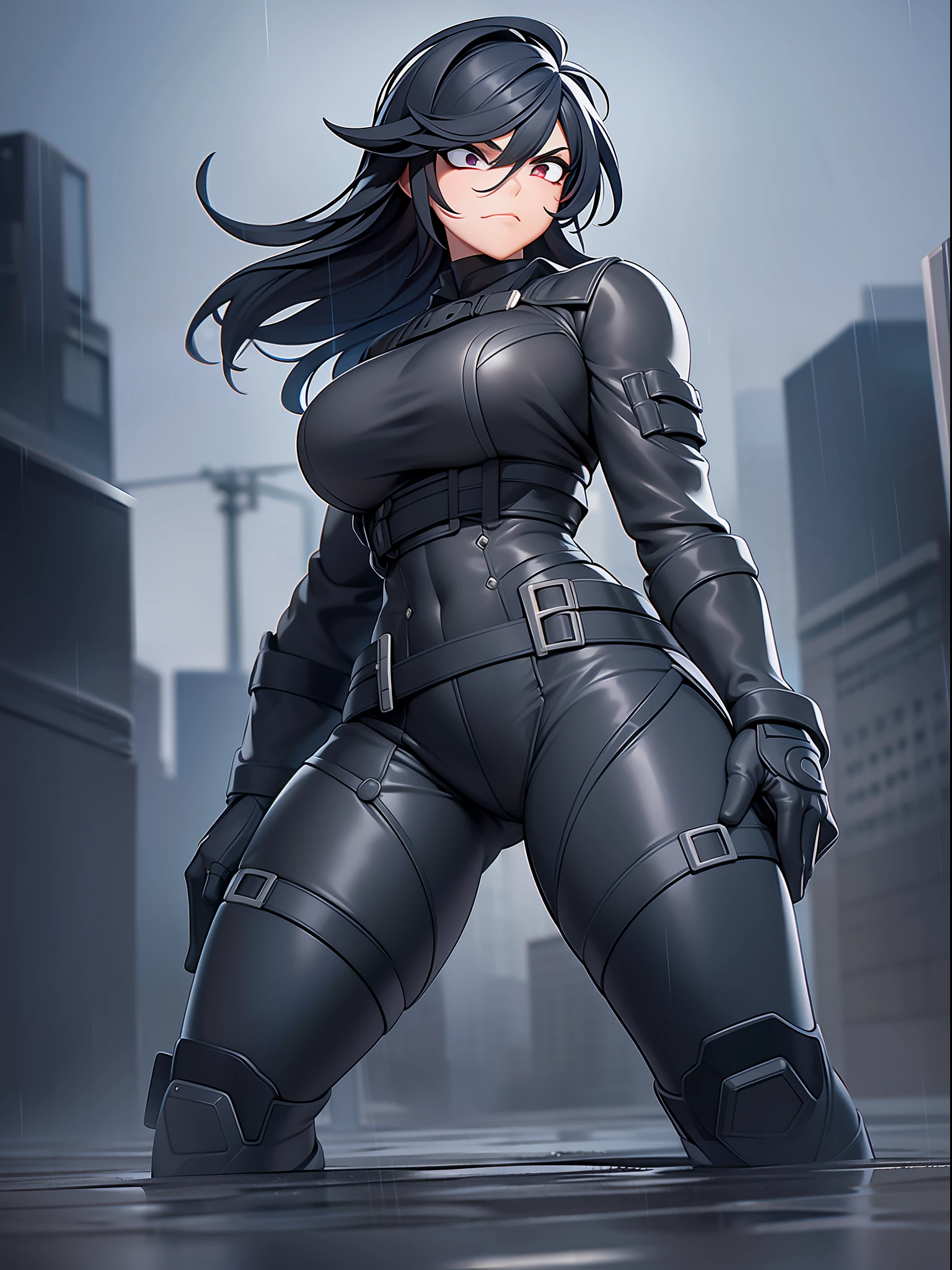 A strong and determined police woman, with tired eyes expressing resilience in the face of challenges, wearing an imposing black leather outfit that highlights her authoritarian presence. She finds herself in a rainy town, where the drops of water create a soggy and gloomy environment, reflecting the intensity of her mission. With her steady gaze, the policewoman stares at the horizon, ready to face any obstacle. The desired style is an amazing and detailed cartoon, which captures all the energy and action of the moment.