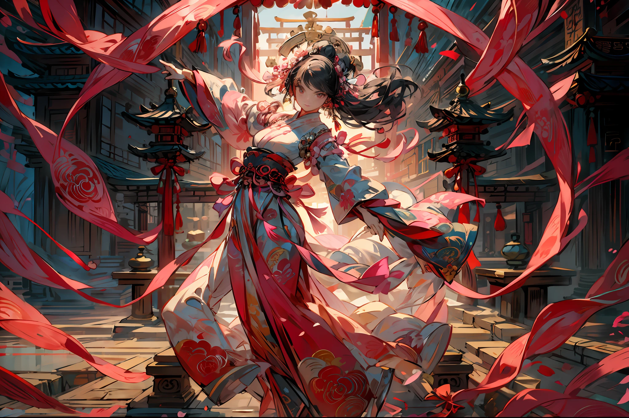 masterpiece, best quality,A girl with a beautiful face, perfect figure, dancing, wearing a pink Hanfu, pink long hair, surrounded by ribbons all over her body, her arms stretched out, and ribbons wrapped around her arms,Chinese style architecture