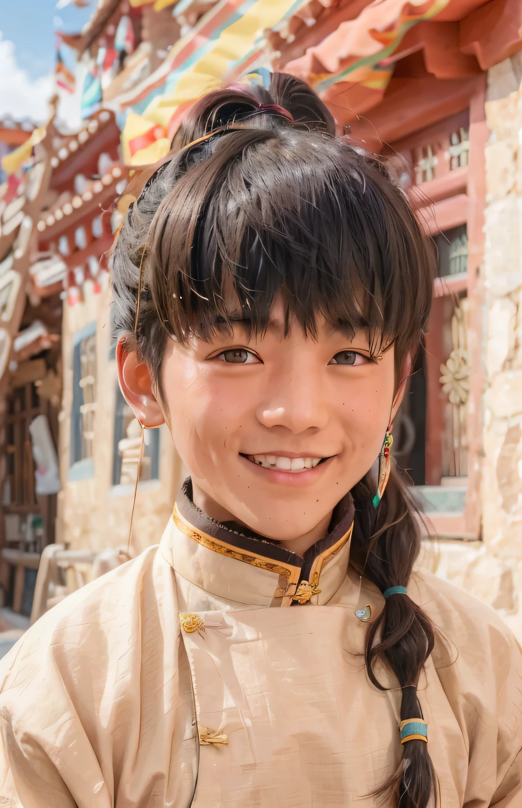 best quality, ultra high res, (photorealistic:1.4), (1man:1), tibetan clothes, grin, closeup of face, (aegyo sal:1), (light brown short ponytail:1.2), ((puffy eyes)), looking at viewer, smiling, full body, streets, outdoors