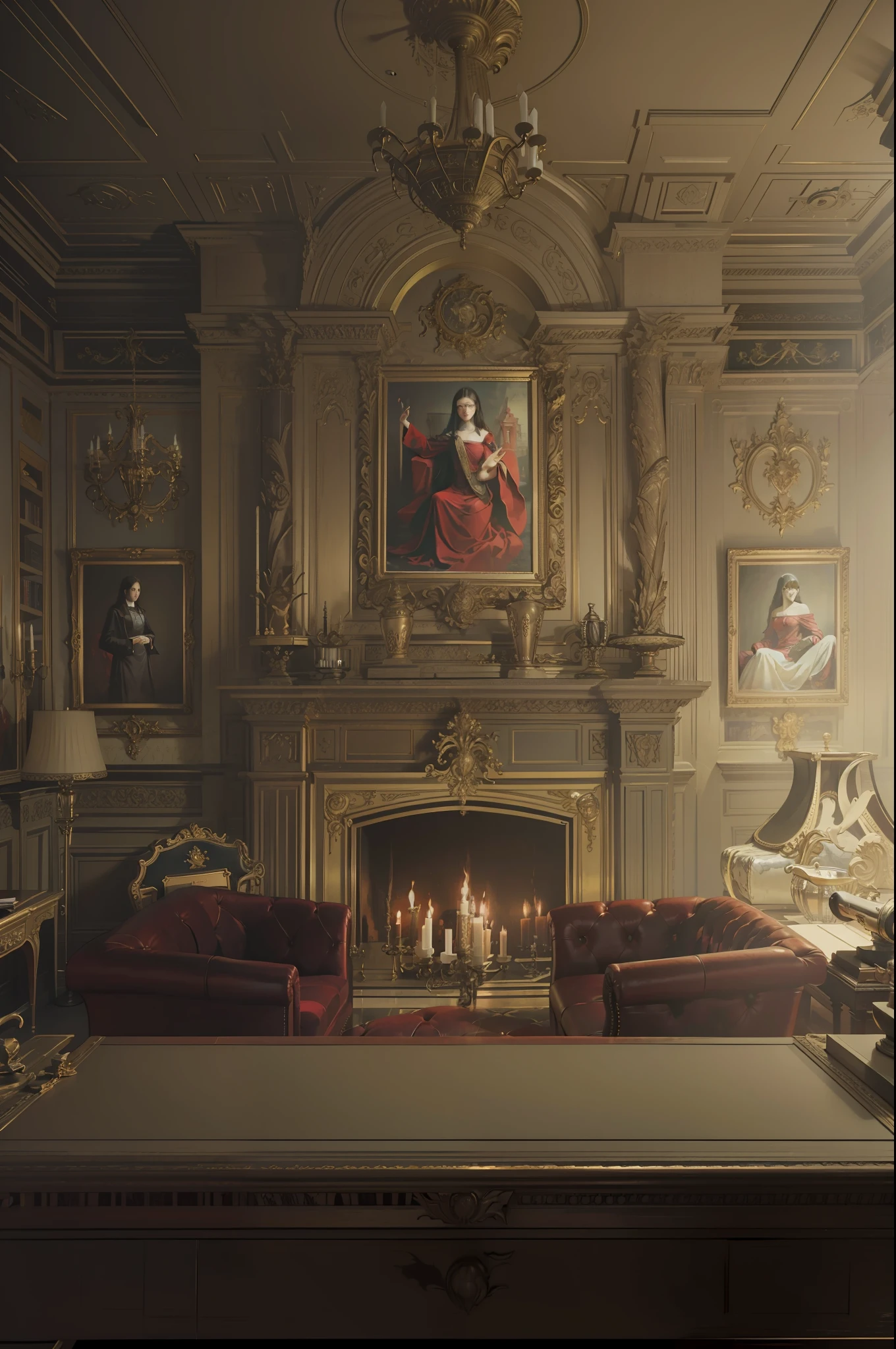 8k, best quality, realistic picture, complex details, super detail, super high resolution, depth field, (realism, realism: 1.2), masterpiece, room with a fireplace, a painting on the wall, interior background art, in their aristocratic mansion, palace background, cutscenes, library background, background artwork, room painting, movie screenshots, interior background, opening scene, in the throne room, ominous room, red sofa, table, by Makoto Shinkai, Artgerm, WLOP, Greg Rutkowski, volumetric lighting, octane rendering, 4K resolution, ArtStation trends, masterpieces, artwork, masterpieces
