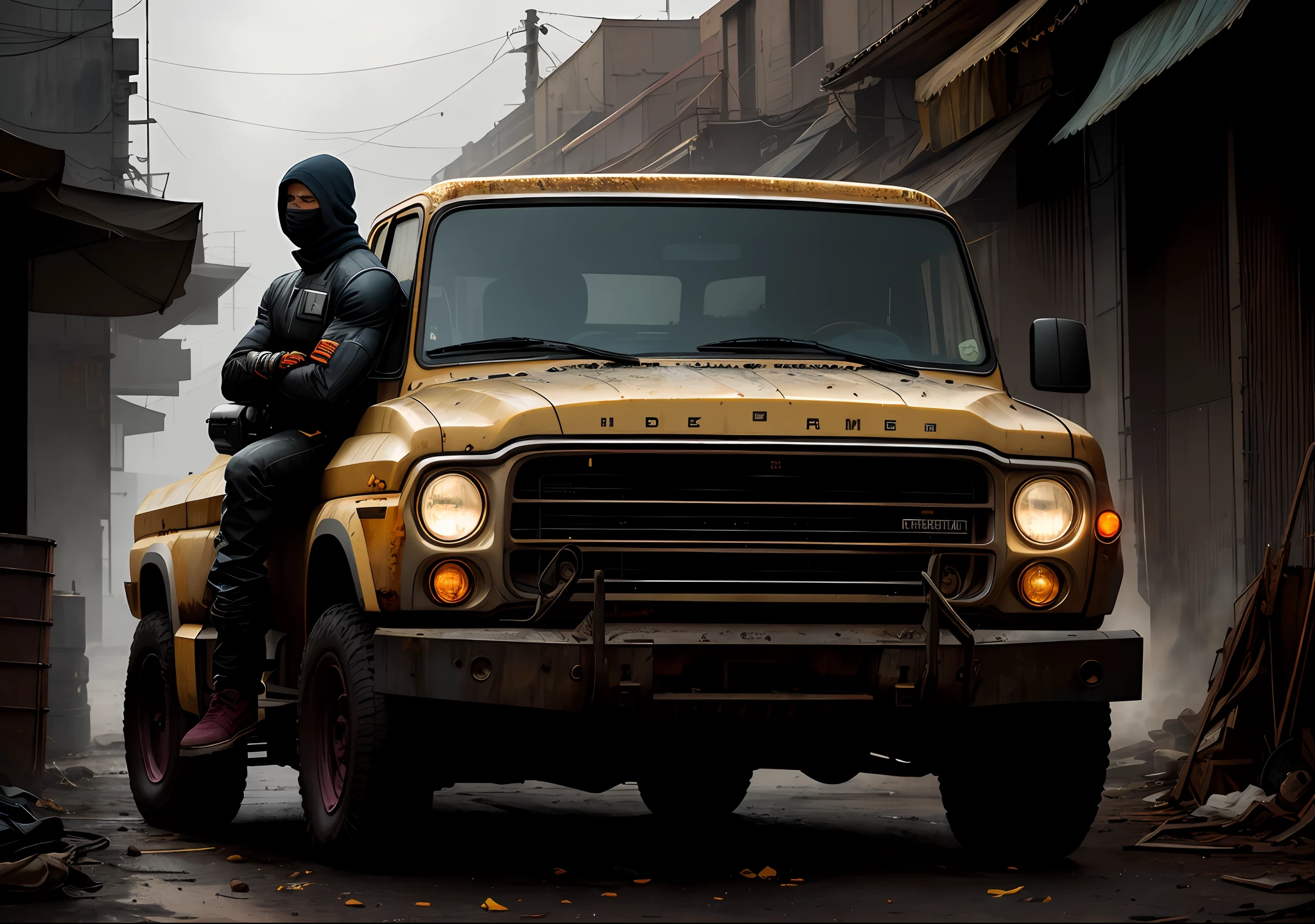 Michael B. Jordan Dark PHOTO: With the body covered, sitting next to an old truck, realistic epic, portrait of Halo, Atey Ghailan, Greg Rutkowski, Greg Tocchini, James Gilleard, Joe Fenton, Kaethe Butcher, yellow gradient, black, brown and magenta color scheme, grunge aesthetic!!! Graffiti brand wall background, art by Greg Rutkowski and Artgerm, soft cinematic light, Adobe Lightroom, Photo Lab, HDR, intricate, highly detailed, (depth of field: 1.4), faded, (neutral colors: 1.2), (HDR: 1.4), (soft colors:1.2), hyperdetailed, (Artstation:1.4), cinematic, warm lights, dramatic light, (intricate details:1.1), complex background, (Rutkowski:0.66), (blue and orange:0.4)