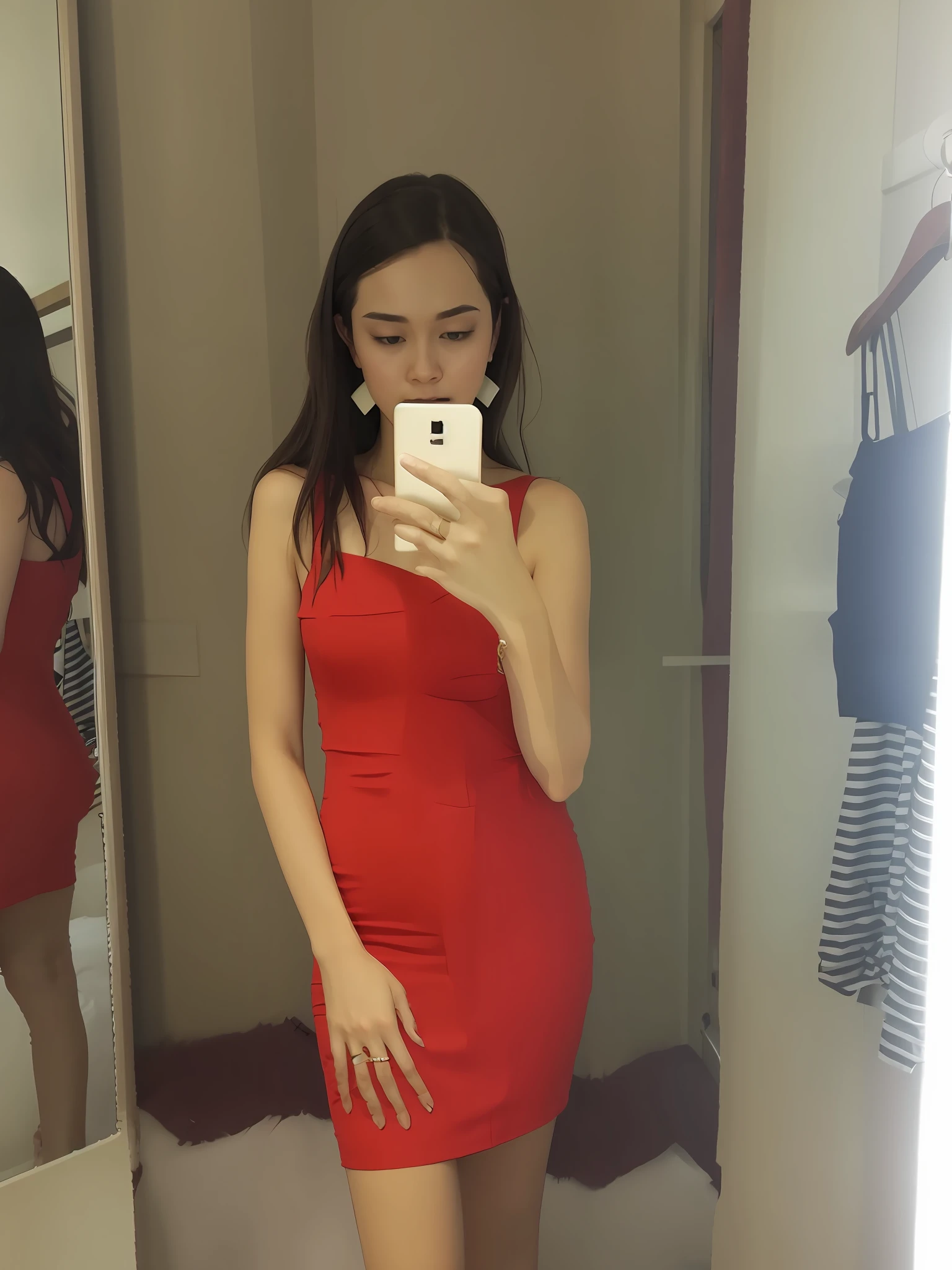 wearing red dress, mirror selfie in bedroom