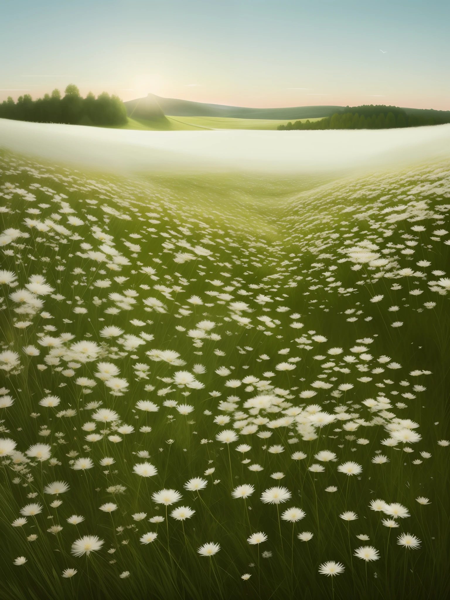 there are many white flowers that are growing in the grass, white flowers, renaissance painting, flowers with intricate detail, tufted softly, wildflowers and grasses, dandelions, soft white glow, artistic interpretation, meadow flowers, white fractals, ultra detail. digital painting, highly detailed digital painting, southern wildflowers, hyper detail, vignette, moody image