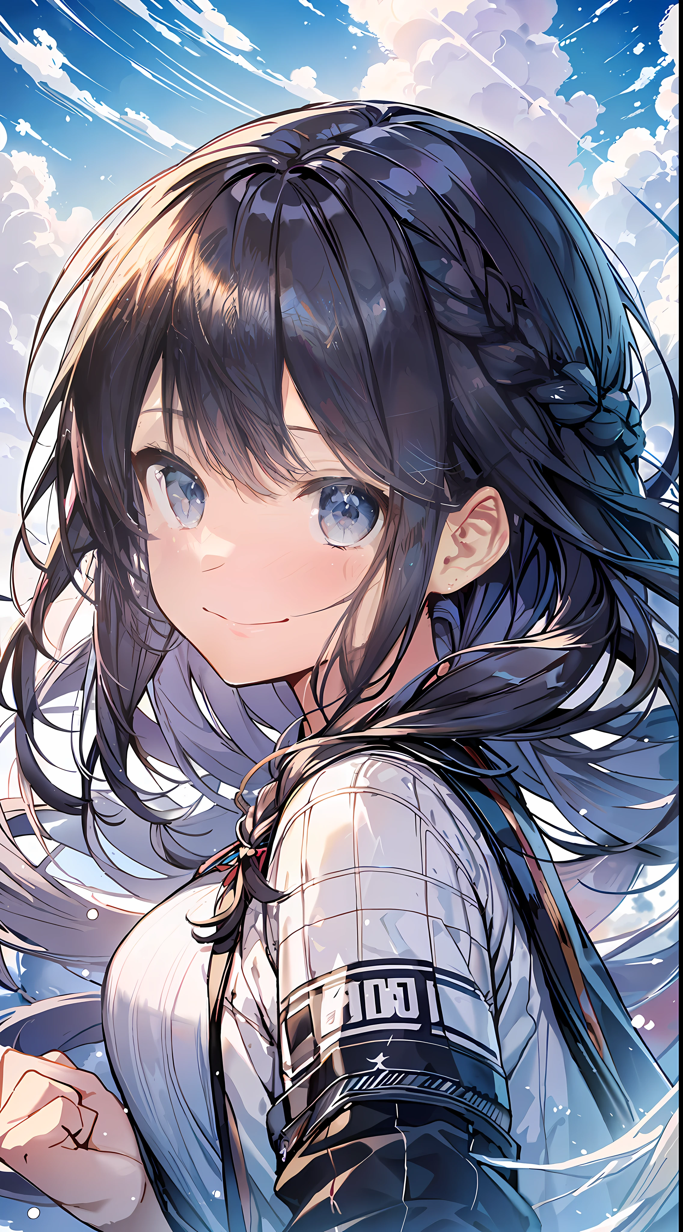 Top Quality, Masterpiece, Ultra High Definition, 8K, Summer Sky, Early Summer, (Flared Skirt, Jacket, Sneakers), Shojo Manga Style , One, Soft Line Art, Digital Enhancement, Shojo Manga Touch, Shojo Manga Core, Flowing Fabric, Close Up, (Hair length to shoulders and short braid)), Wet hair, Soft drawing, Beautiful black hair, Clear eyes, (((teasing smile)) , Ultra-detailed digital anime art, clear face depiction, ultra-detailed shoujo manga character art, clear facial features, ultra-detailed manga style, top quality colors, hand gestures, landscape with nature, looking up at the sky, foot-up angle