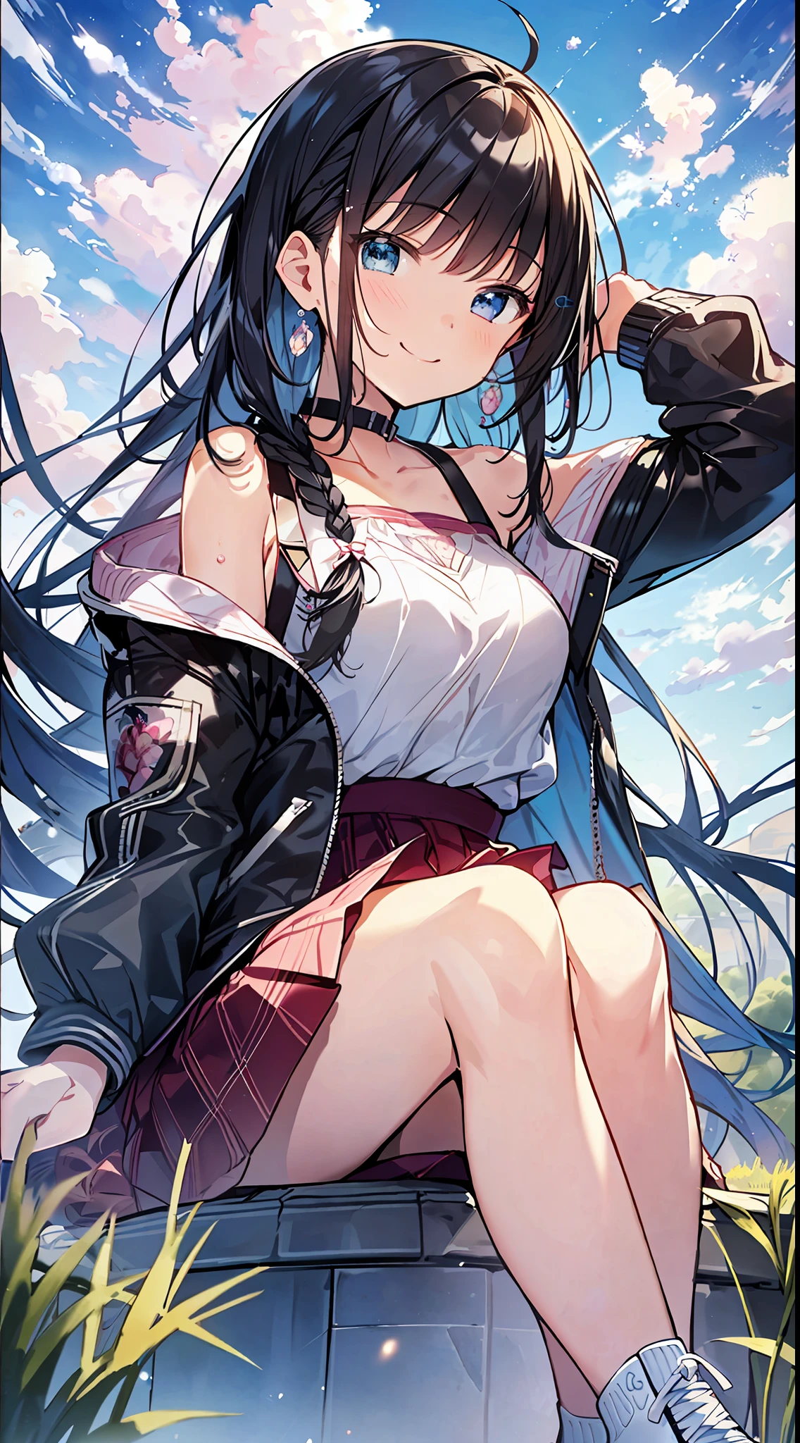 Top Quality, Masterpiece, Ultra High Definition, 8K, Summer Sky, Early Summer, (Flared Skirt, Jacket, Sneakers), Shojo Manga Style Loli, One, Soft Line Art, Digital Enhancement, Shojo Manga Touch, Shojo Manga Core, Flowing Fabric, Close Up, (Hair length to shoulders and short braid)), Wet hair, Soft drawing, Beautiful black hair, Clear eyes, (((teasing smile)) , Ultra-detailed digital anime art, clear face depiction, ultra-detailed shoujo manga character art, clear facial features, ultra-detailed manga style, top quality colors, hand gestures, landscape with nature, looking up at the sky, foot-up angle