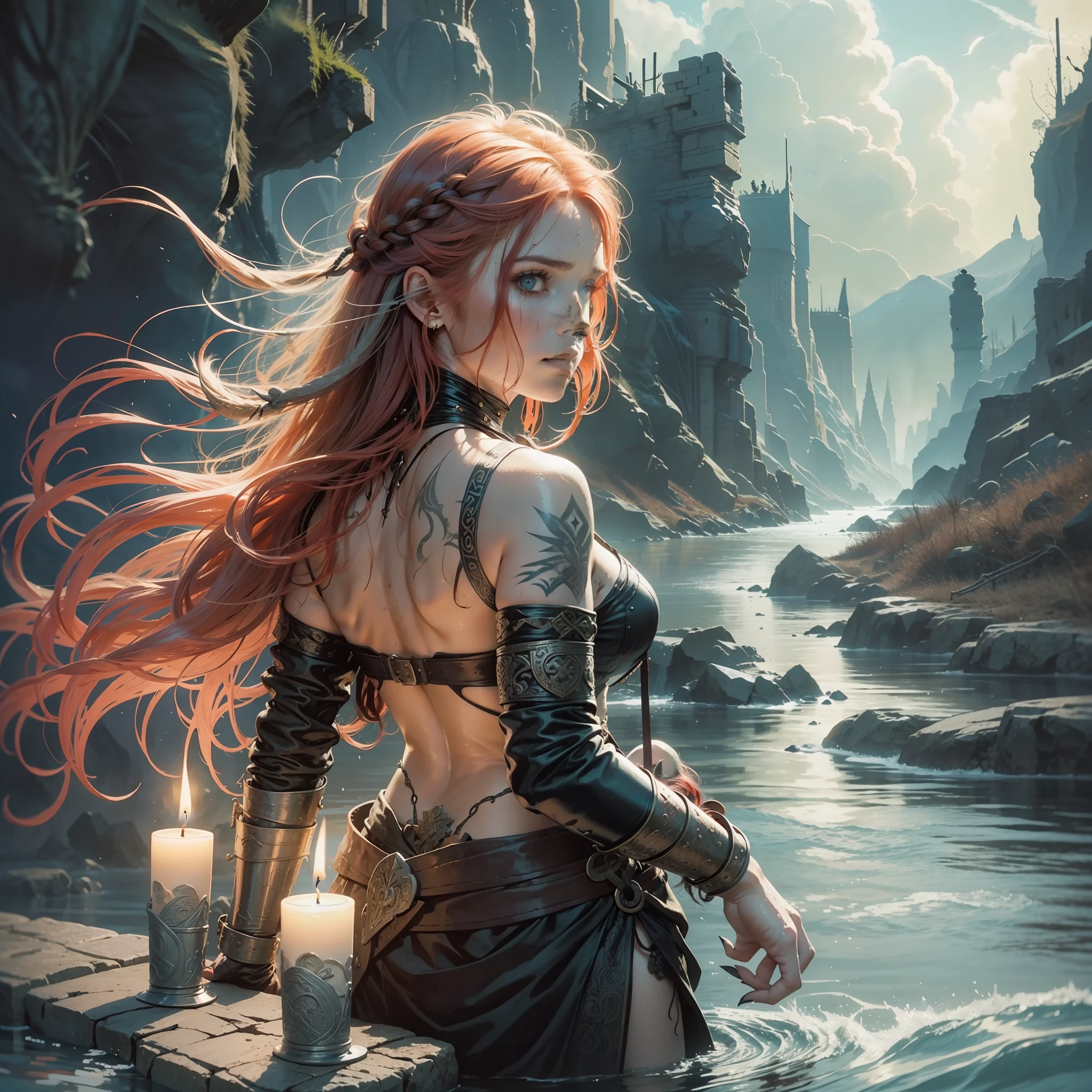 a viking woman on her back walking over a river,shirtless,female back,viking,big black nails,redhead,braided and messy hair,wet body,hot steam in the air,lit candles,vikings,nordic,valhalla,nordic runes,hand drawn,illustration,art nouveau,tarot cards