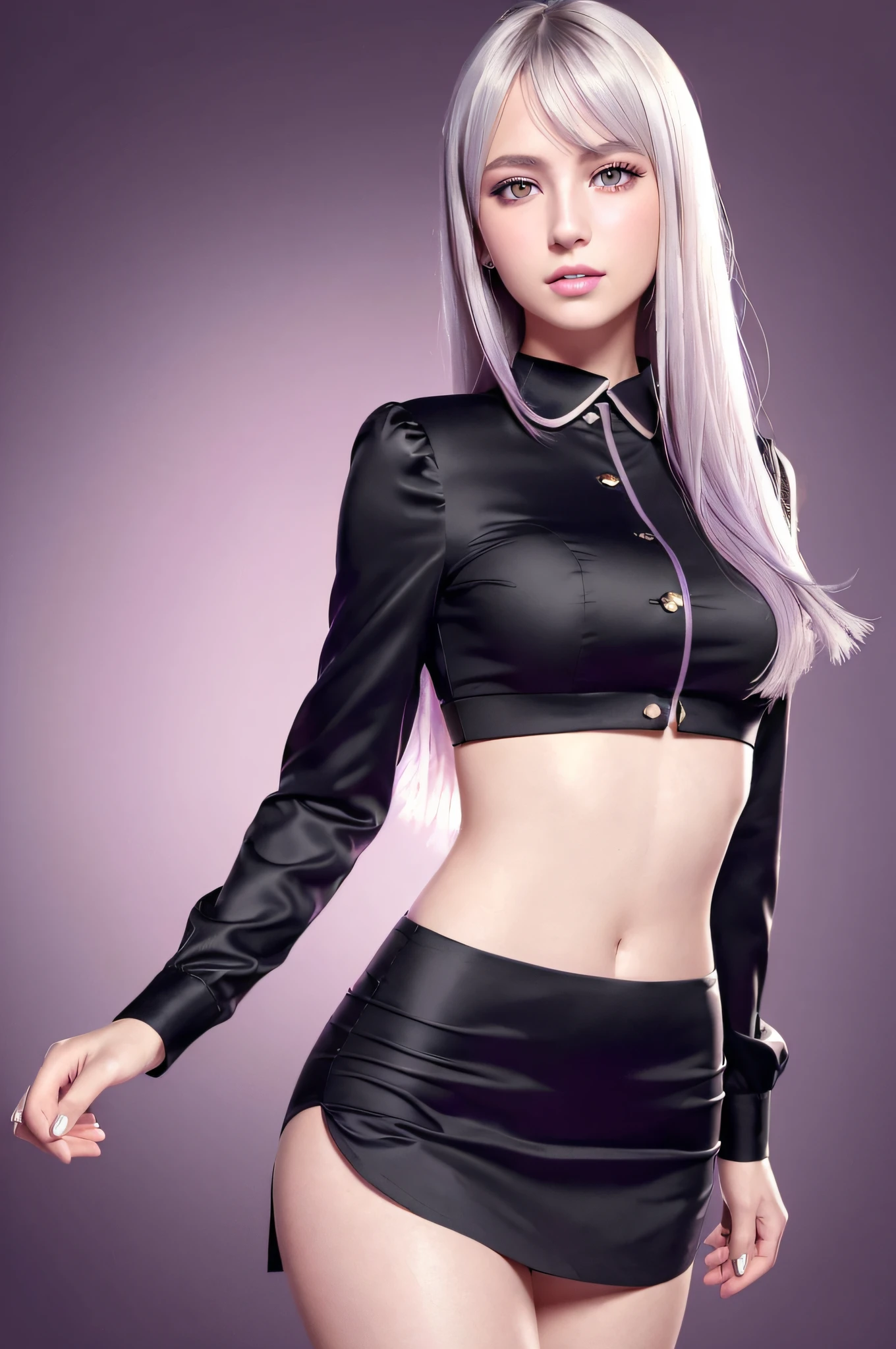 1girl,beautiful vintage color, instagram (photorealistic, high resolution:1.4), ((puffy eyes)), looking at viewer, , full body (8k, RAW photo, best quality, masterpiece:1.2), (realistic, photo-realistic:1.37),(sharp focus:1.2), professional lighting, photon mapping, radiosity, physically-based rendering, (pale skin:1.2),(small breasts:1.2), looking at viewer, (middle hair:1.5), portrait, purple eyes, (sliver hair:1.1),bangs, (simple background:1.4), solo, upper body, realistic,(masterpiece:1.4),(best quality:1.4),(shiny skin),fashi-girl,makeup,smile(skinny,closed mouth,shy :1.3) ,(standing,black Stewardess uniform,Necromancer:1.1),medium bust,sexy pose ,