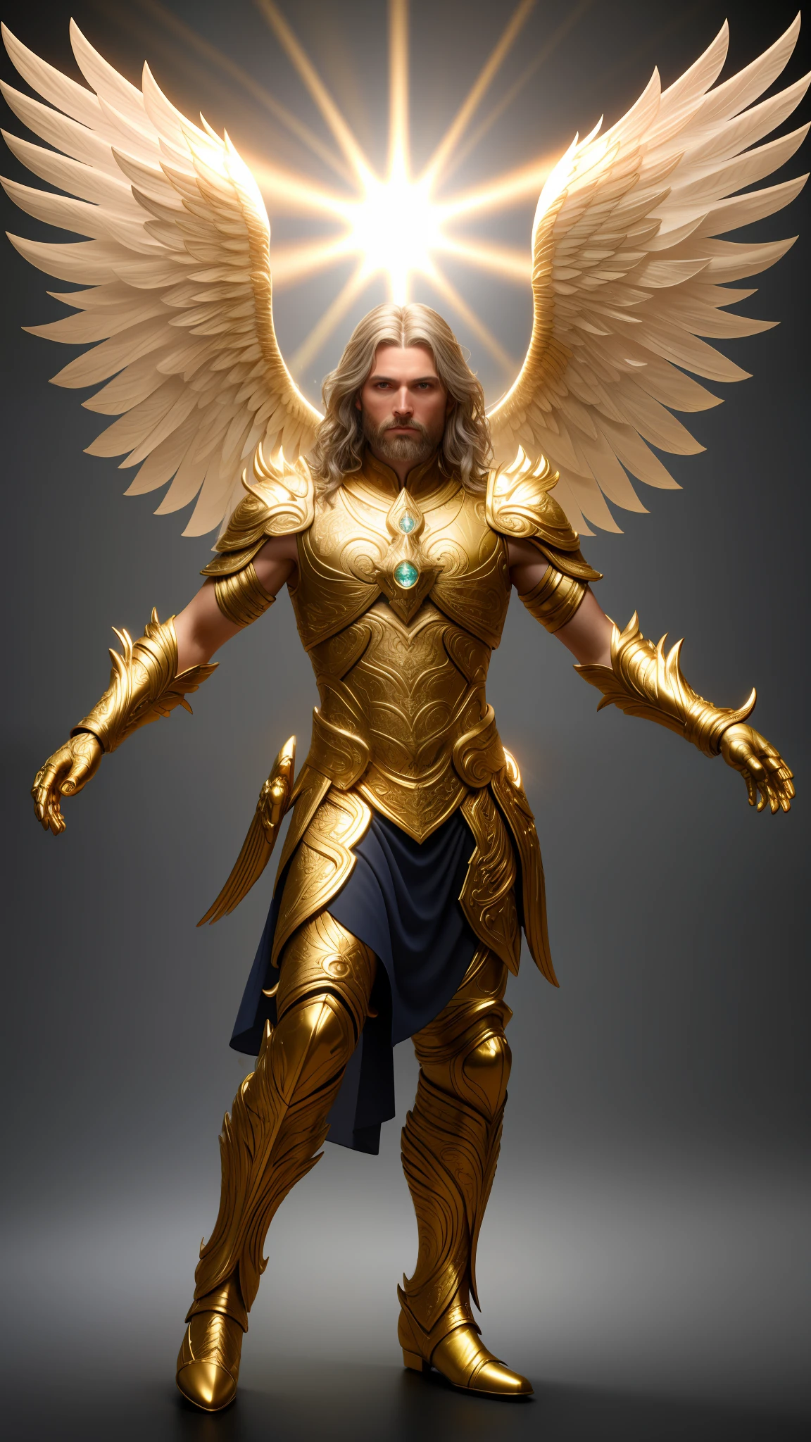 Saint Michael the Archangel mature male, with beams of light enveloping his body, his feathery wings are spread out, a golden halo over his head, well-build, beard, ethereal and dreamy, soft and gentle, graceful and serene, halo, masterpiece, best quality, intricate detail, absurdres, high detail RAW color Photo, highly detailed, harsh lighting, cinematic lighting, detailed eyes, distinct pupils, contrast, textured skin, cold skin pores, hard light, gigapixel, feet visible, 8k resolution, cinematic, elegant, hyperrealistic, octane render, unreal, high definition, 8k resolution, highly detailed, 8k uhd, professional lighting, photon mapping, radiosity, physically-based rendering, perfect face, detailed face and body, award-winning photography, detailed face, backlight, ultrarealistic, ray tracing, intense gaze, cinematic lighting