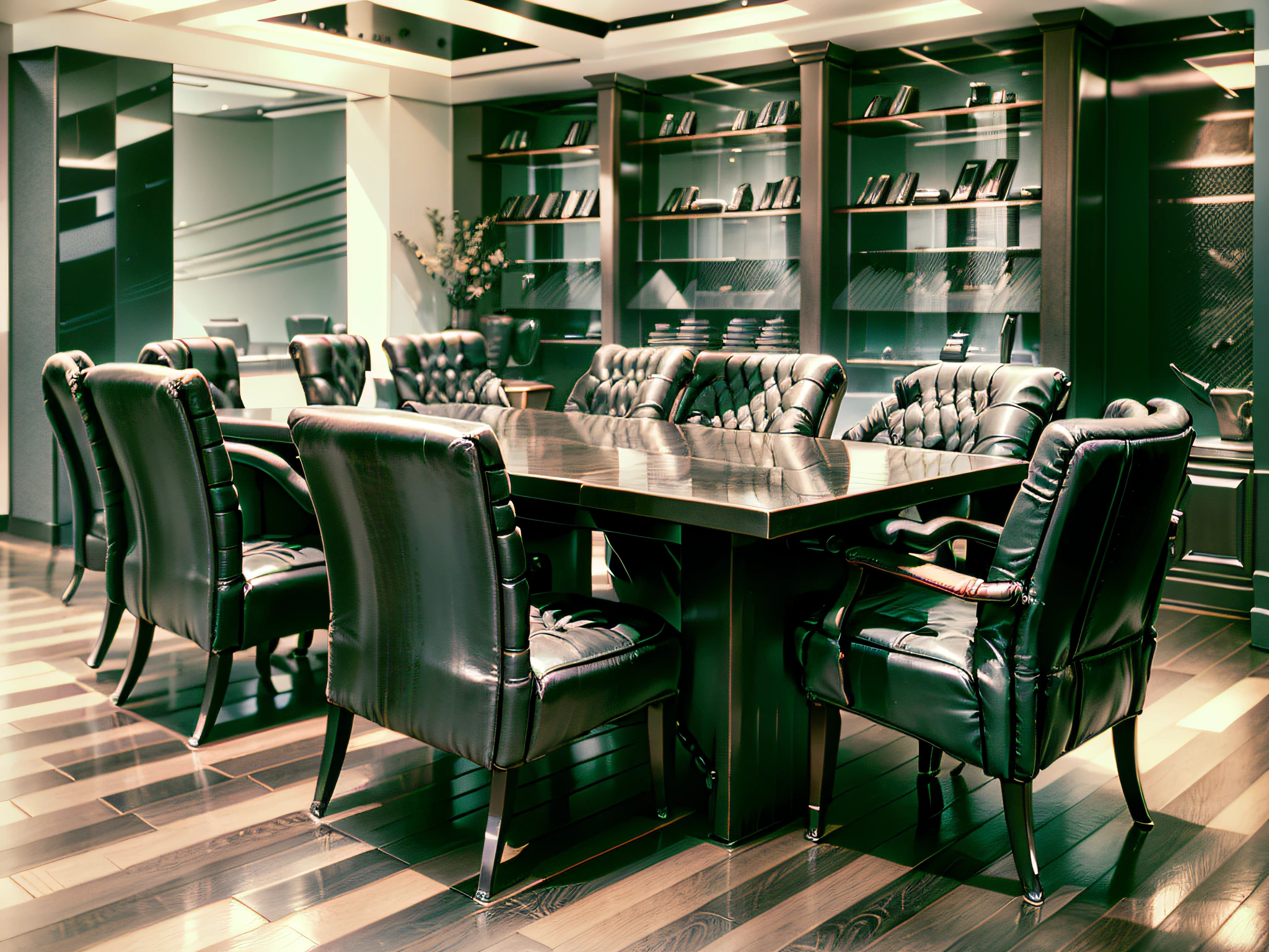 The law firm features contemporary design furniture, including armchairs upholstered in black and gray leather, tempered glass coffee tables with chrome bases, a solid wood meeting table with black leather chairs, and a built-in bookcase with brown leather bound legal books.