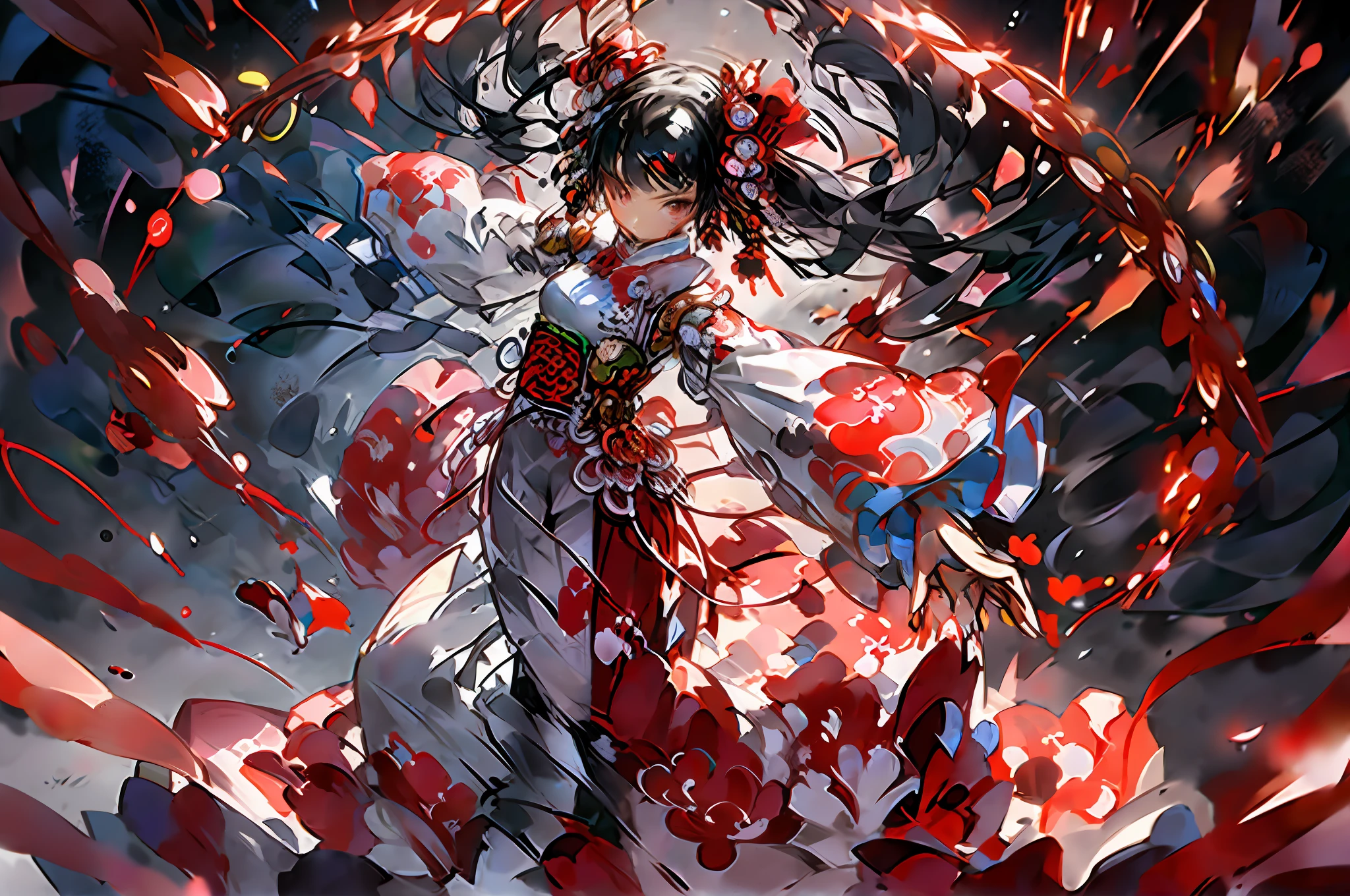 masterpiece, best quality,A girl with a beautiful face, perfect figure, dancing, wearing a pink Hanfu, pink long hair, surrounded by ribbons all over her body, her arms stretched out, and ribbons wrapped around her arms,Chinese style architecture