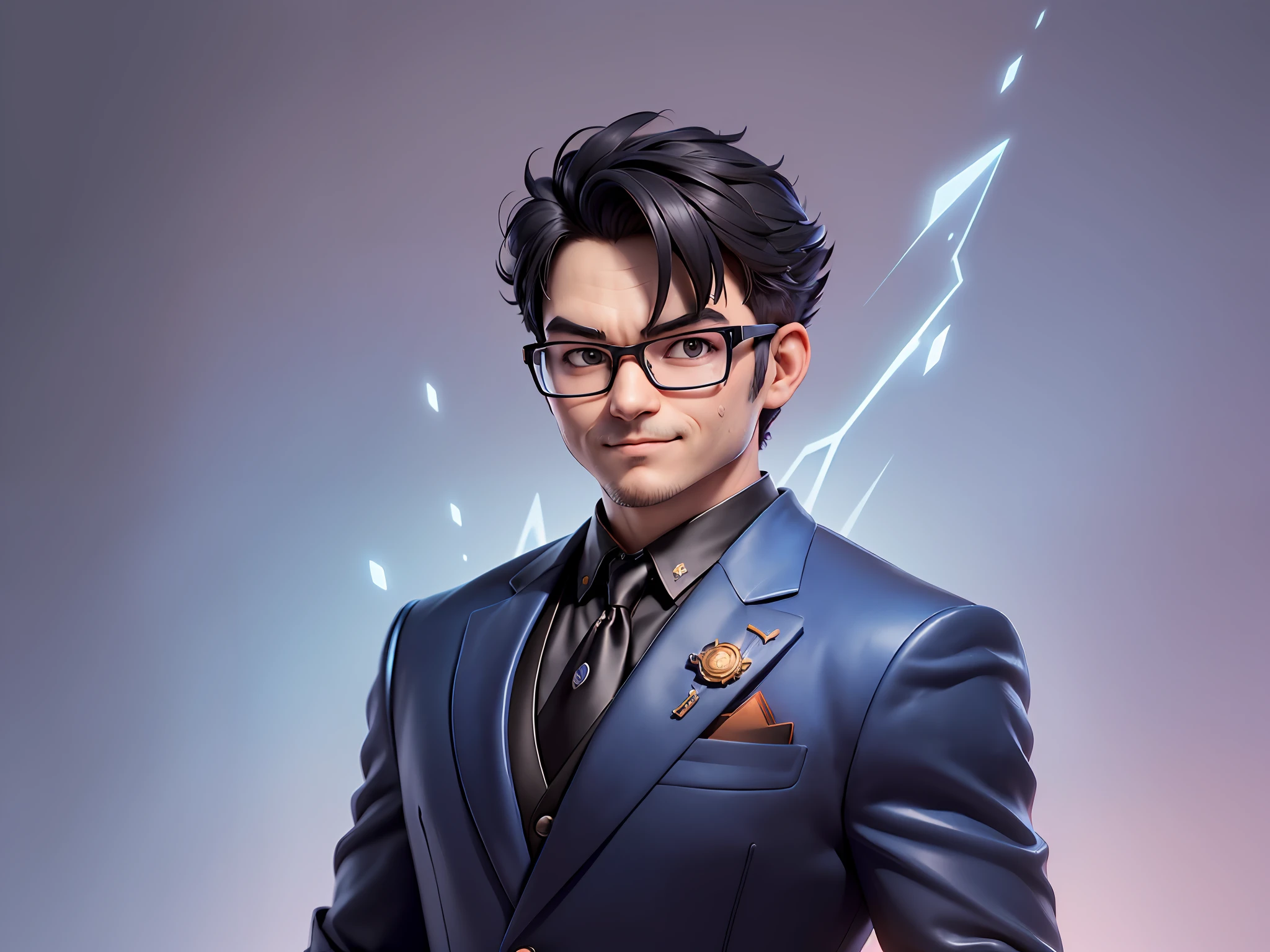 (((Masterpiece), (Excellent), (Super Meticulous), (Full Body: 1.2), Super Young Man, Oriental Face, Japanese Wind and Thunder God, Dragon, Tiger, TV Anchor, Bust Portrait Illustration, Alone, Black Formal Suit, Blue Tie, Slightly Chubby Face, Silver Glasses Face Very Clean No Beard, Black Super Short Hair, Black Eyes, Confident Smile, 3c Computer Sub-Products, iPad, iPhone, Digital Painting, 3D Character Design by Akira Toriyama and Mark Claireden and Pixar and Hayao Miyazaki, The illustration is a high-definition illustration in 4K resolution with very detailed facial features and cartoon-style visuals.