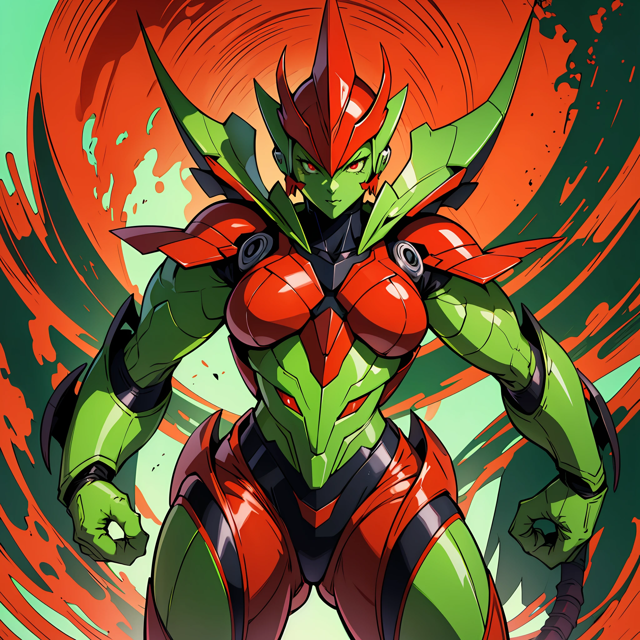 Cartoon photo of woman in green and red costume, hot insect humanoid woman, Guyver style, SFW version, red eye, scaraber reploid, tail, cel shade adult animation, alien queen, serpentine pose, --auto --s2