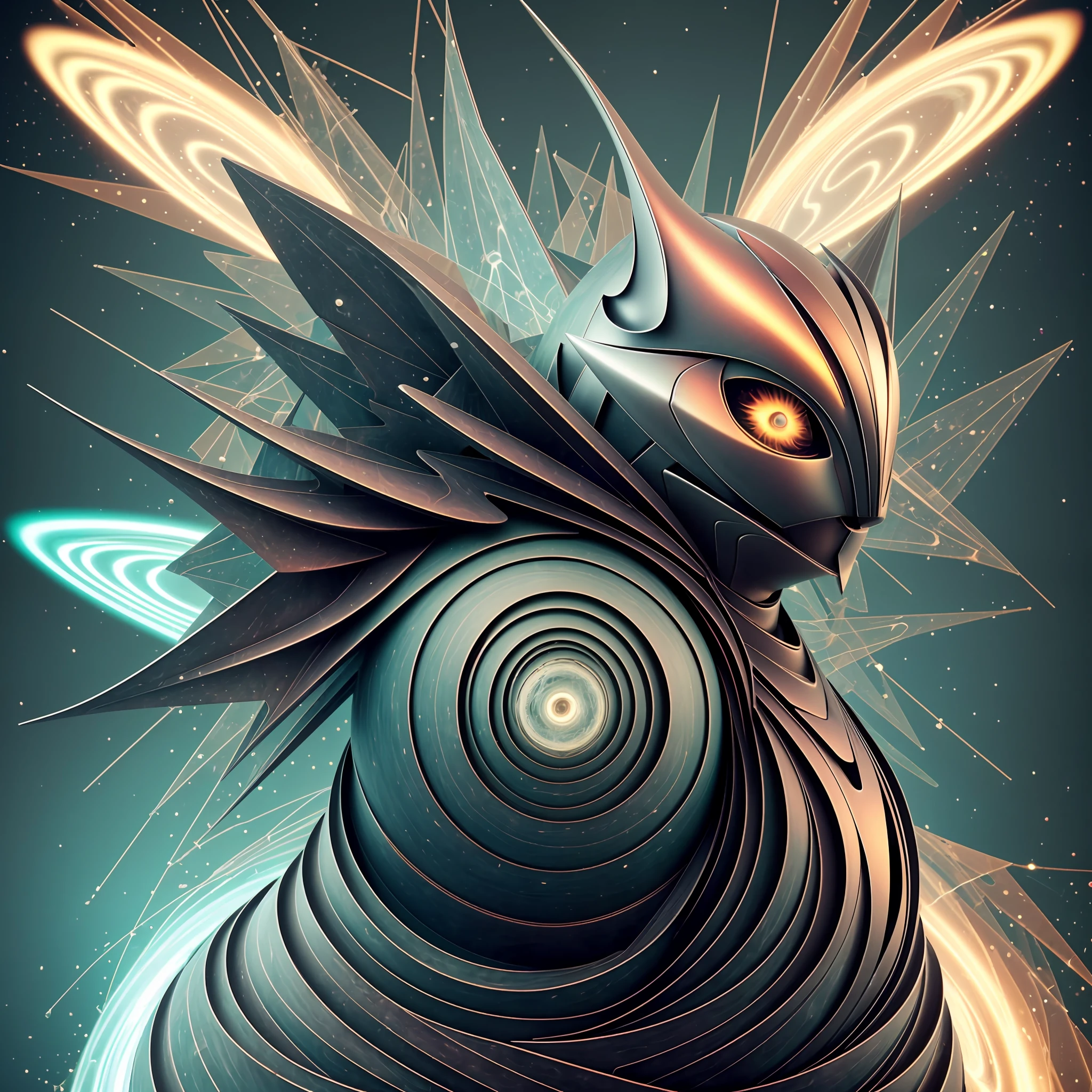 (sculpture hyperrealistic photorrealistic: 1.5), (DMT aura of kittybot shaman with a transparent helmet with a protruding brain: 1.4), (metal wings: 1.2), (kitsune futuristic mask: 1.2), (cyberpop kawaii fractal art: 1.6), (Tobias Gremmler art style of fluid and dynamic forms: 1.6), (organic-geometric mixture: 1.6), (the shaman's head reflects happiness as a state of mind and the mind in surreal ways:  1.2), (mask creates motion and warping in light: 1.3), (ultra-high resolution: 1.4), (ray tracing illumination: 1.4), (subsurface scattering skin: 1.2), (particle effects: 1.4), (depth of field: 1.4), (geometric-dotist abstraction: 1.6), (generative fluid fractal algorithm: 1.6).