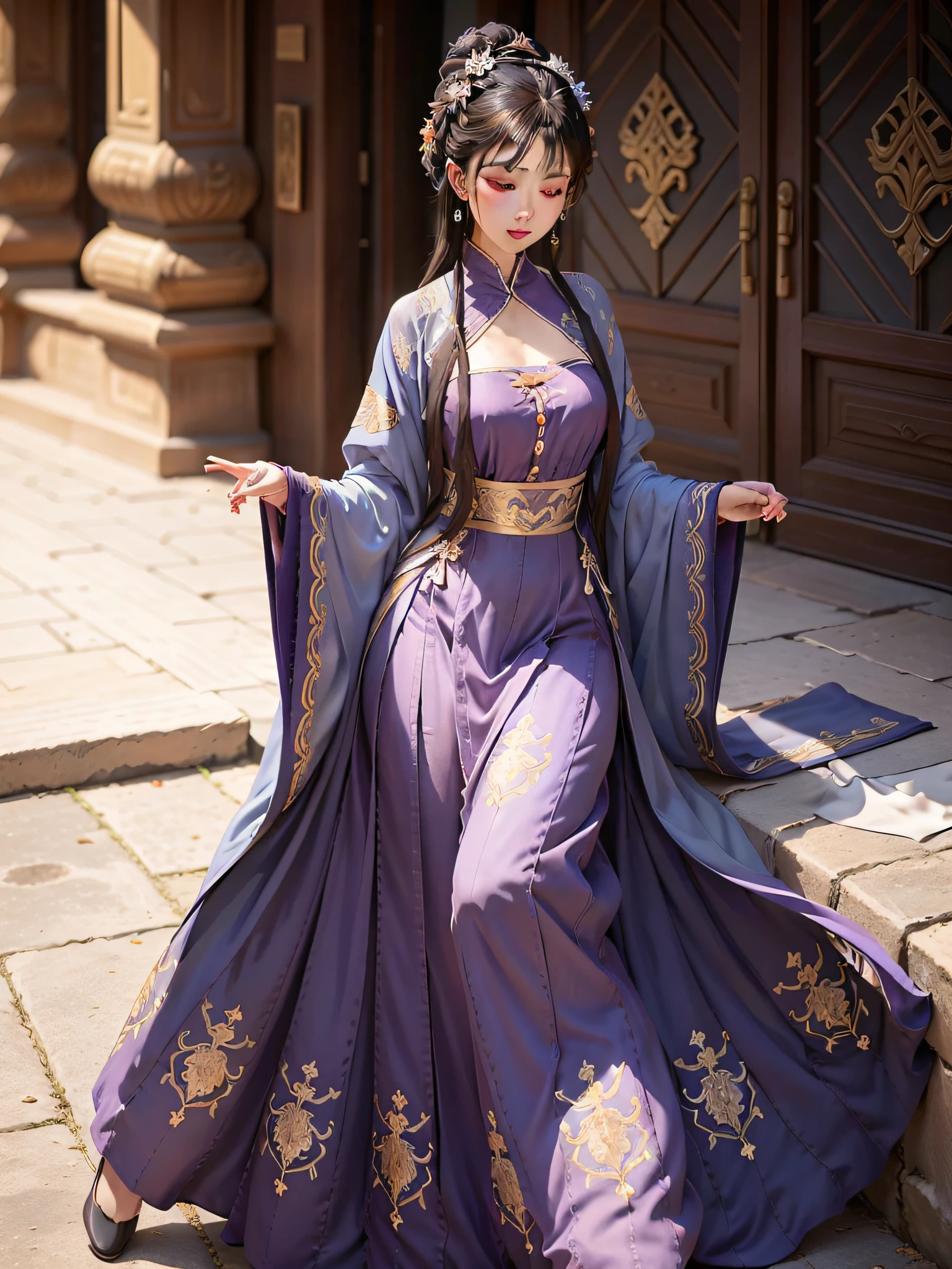 Shuying exudes an air of regal elegance as she adorns herself in a lavishly embroidered ensemble. Her attire consists of a lavender factory front with a notable large right lapel jacket. The collar and front of the jacket are enveloped in a graceful black satin ground needle butterfly love pattern lace, extending its delicate beauty throughout. Mirroring this enchanting lace, the cuffs are adorned with the same intricate design, adding a harmonious touch.

The outer side of the cuffs seamlessly connects to a white Damask folding flower pattern sleeve, providing a refined contrast against the lavender backdrop. Lavish embroidery embellishes the entire garment, as white silk threads delicately dance upon the lavender satin ground. Plum blossom and butterfly motifs grace the fabric, infusing it with a sense of dignity, elegance, and generous beauty. The sweeping jacket extends gracefully to the knee, concealing the lower body's lavender wide leg pants, mirroring the color scheme with seamless continuity.

As the lower body is not adorned with a skirt, a peach embroidered silk ribbon is artfully hung beneath the clothes, offering a tantalizing glimpse of the stylish pants. Completing the ensemble are a pair of arched embroidered shoes that bestow a natural grace upon Shuying, elevating her entire appearance with their inherent elegance and anticipation for what lies ahead.

Shuying's lustrous tresses have been meticulously combed back and centered, elegantly fashioned into a bun gathered at the nape of her neck. The bun itself is adorned with golden and jasmine needles, further accentuating her resplendent hairstyle. Her ears are graced with the shimmering allure of gold earrings, enhancing her facial features.

Her temples and forehead are remarkably smooth, lending an air of serenity and refinement to her countenance. A touch of rouge gently illuminates her lips, while her eyebrows are expertly swept to frame her eyes with delicate precision. A subtle application of p